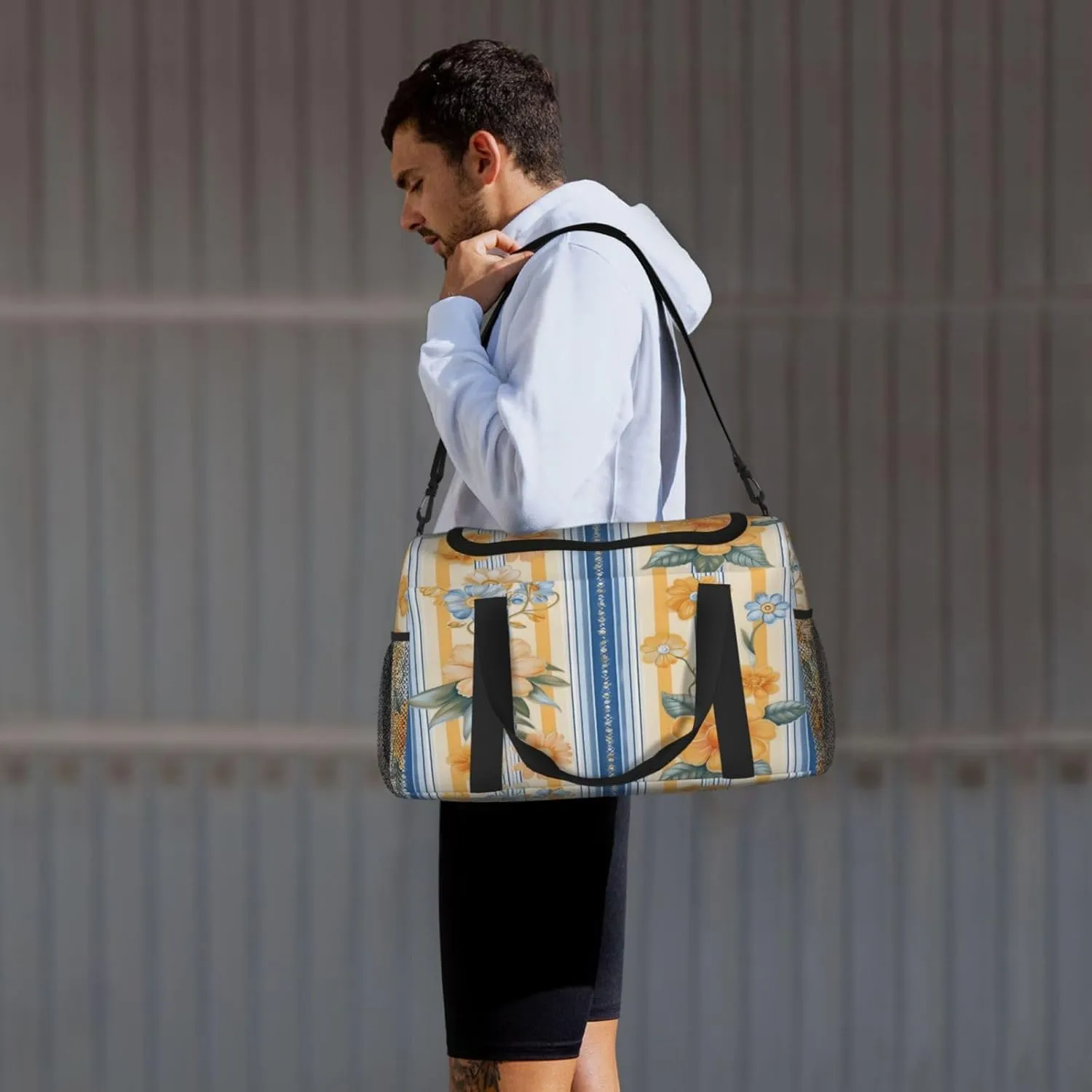 Travel Duffel Bag For Men Women, Blue Yellow Stripe Flower Carry On Sport Gym Bag With Shoulder Strap Lightweight Waterproof Weekender Bag Overnight Bag