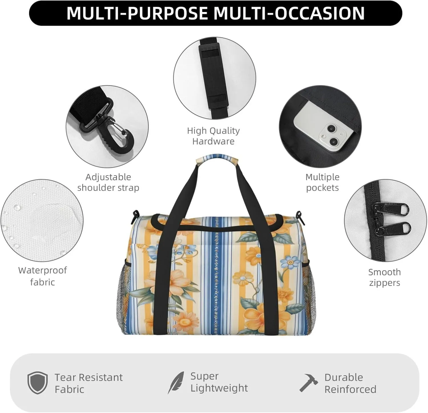 Travel Duffel Bag For Men Women, Blue Yellow Stripe Flower Carry On Sport Gym Bag With Shoulder Strap Lightweight Waterproof Weekender Bag Overnight Bag