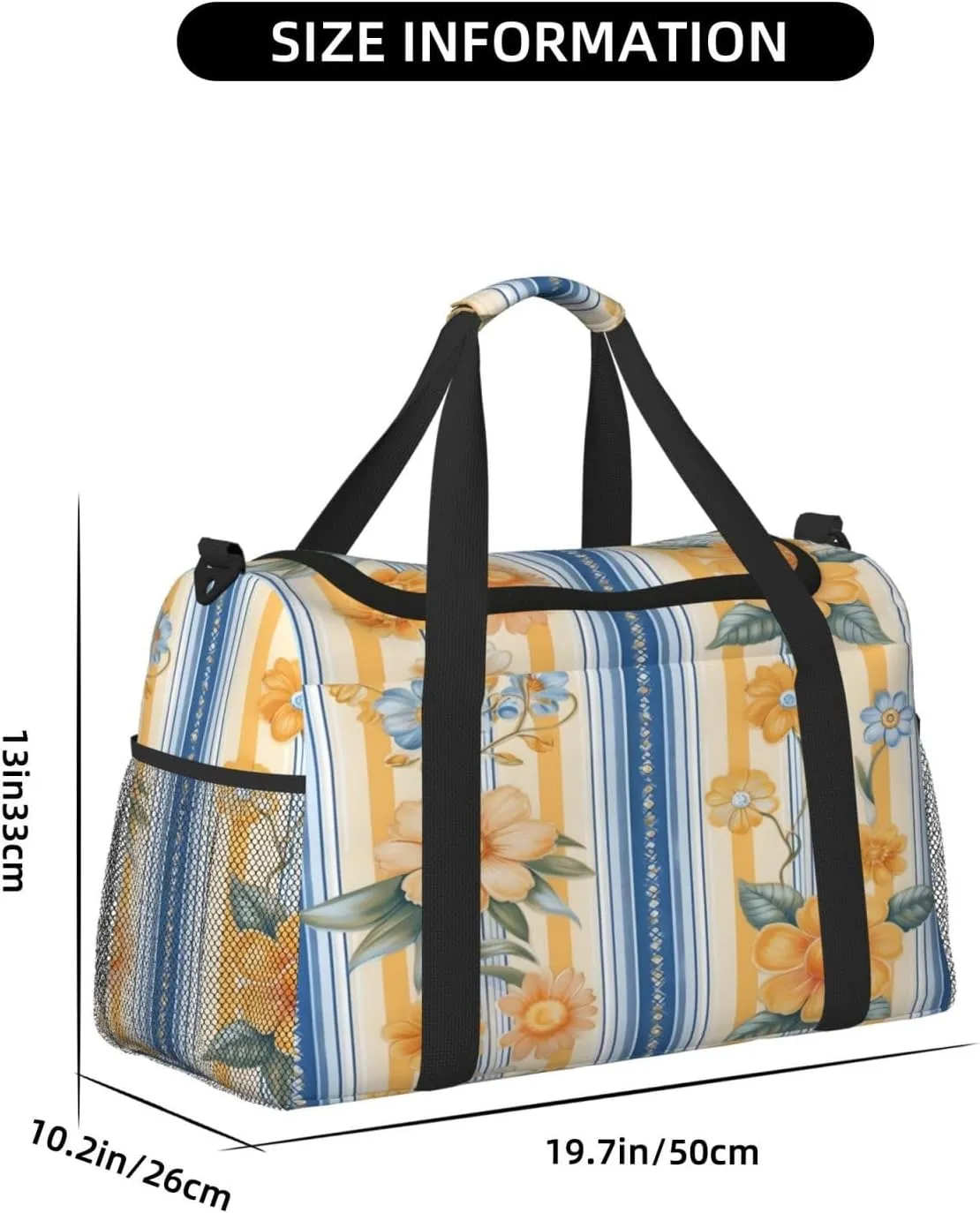 Travel Duffel Bag For Men Women, Blue Yellow Stripe Flower Carry On Sport Gym Bag With Shoulder Strap Lightweight Waterproof Weekender Bag Overnight Bag