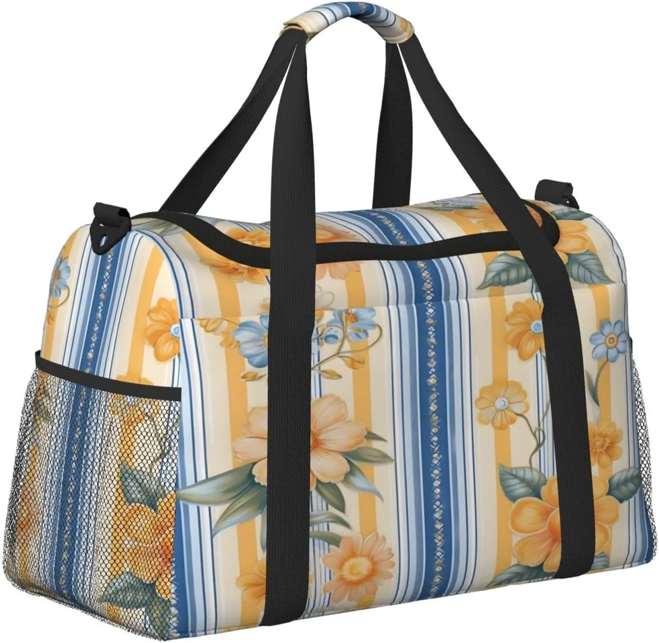 Travel Duffel Bag For Men Women, Blue Yellow Stripe Flower Carry On Sport Gym Bag With Shoulder Strap Lightweight Waterproof Weekender Bag Overnight Bag