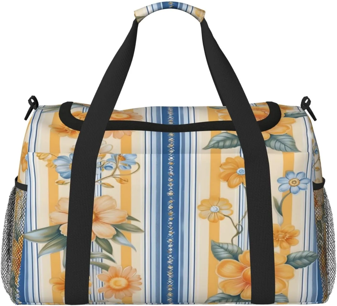 Travel Duffel Bag For Men Women, Blue Yellow Stripe Flower Carry On Sport Gym Bag With Shoulder Strap Lightweight Waterproof Weekender Bag Overnight Bag