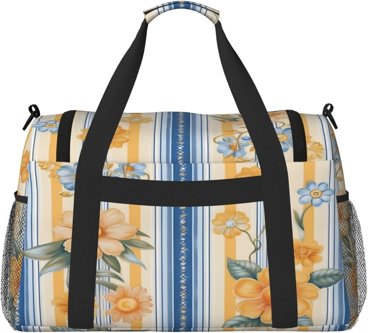 Travel Duffel Bag For Men Women, Blue Yellow Stripe Flower Carry On Sport Gym Bag With Shoulder Strap Lightweight Waterproof Weekender Bag Overnight Bag
