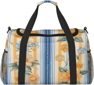 Travel Duffel Bag For Men Women, Blue Yellow Stripe Flower Carry On Sport Gym Bag With Shoulder Strap Lightweight Waterproof Weekender Bag Overnight Bag