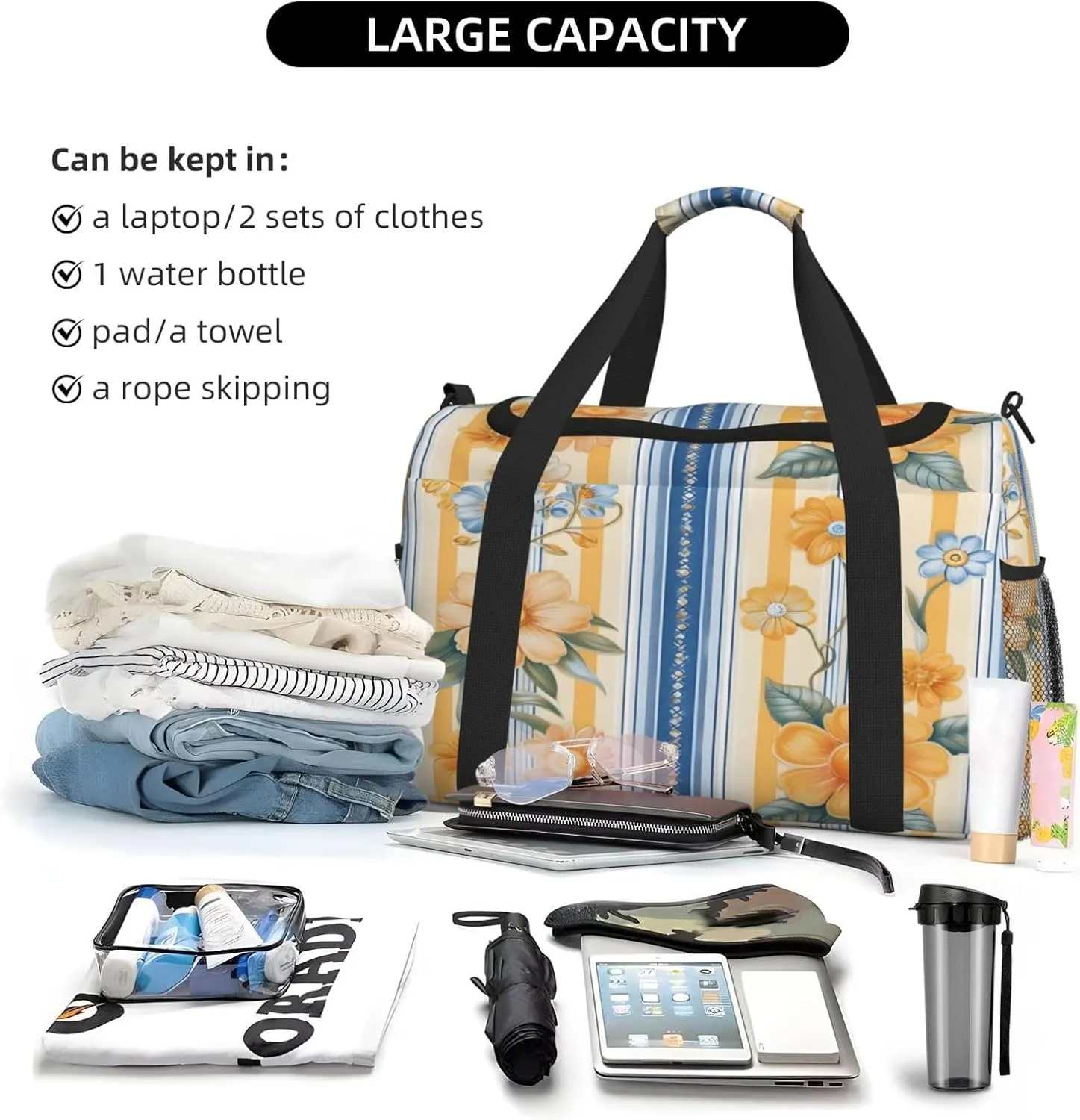 Travel Duffel Bag For Men Women, Blue Yellow Stripe Flower Carry On Sport Gym Bag With Shoulder Strap Lightweight Waterproof Weekender Bag Overnight Bag