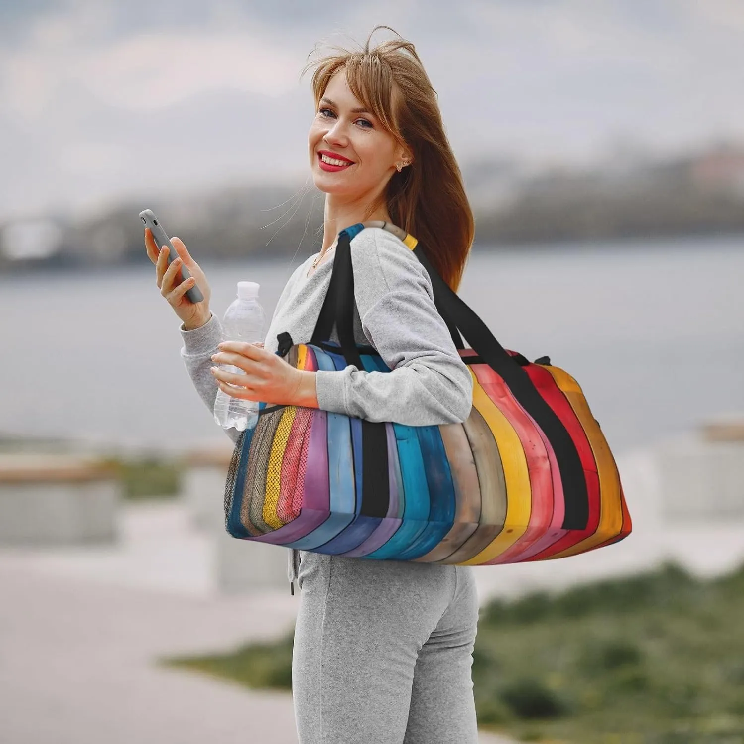 Travel Duffel Bag For Men Women, Colorful Wooden Grain Board Carry On Sport Gym Bag With Shoulder Strap Lightweight Waterproof Weekender Bag Overnight Bag