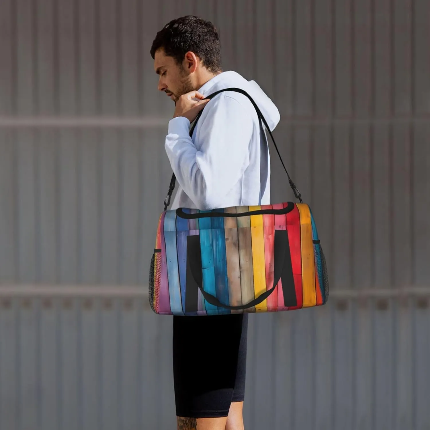Travel Duffel Bag For Men Women, Colorful Wooden Grain Board Carry On Sport Gym Bag With Shoulder Strap Lightweight Waterproof Weekender Bag Overnight Bag