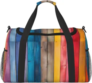 Travel Duffel Bag For Men Women, Colorful Wooden Grain Board Carry On Sport Gym Bag With Shoulder Strap Lightweight Waterproof Weekender Bag Overnight Bag