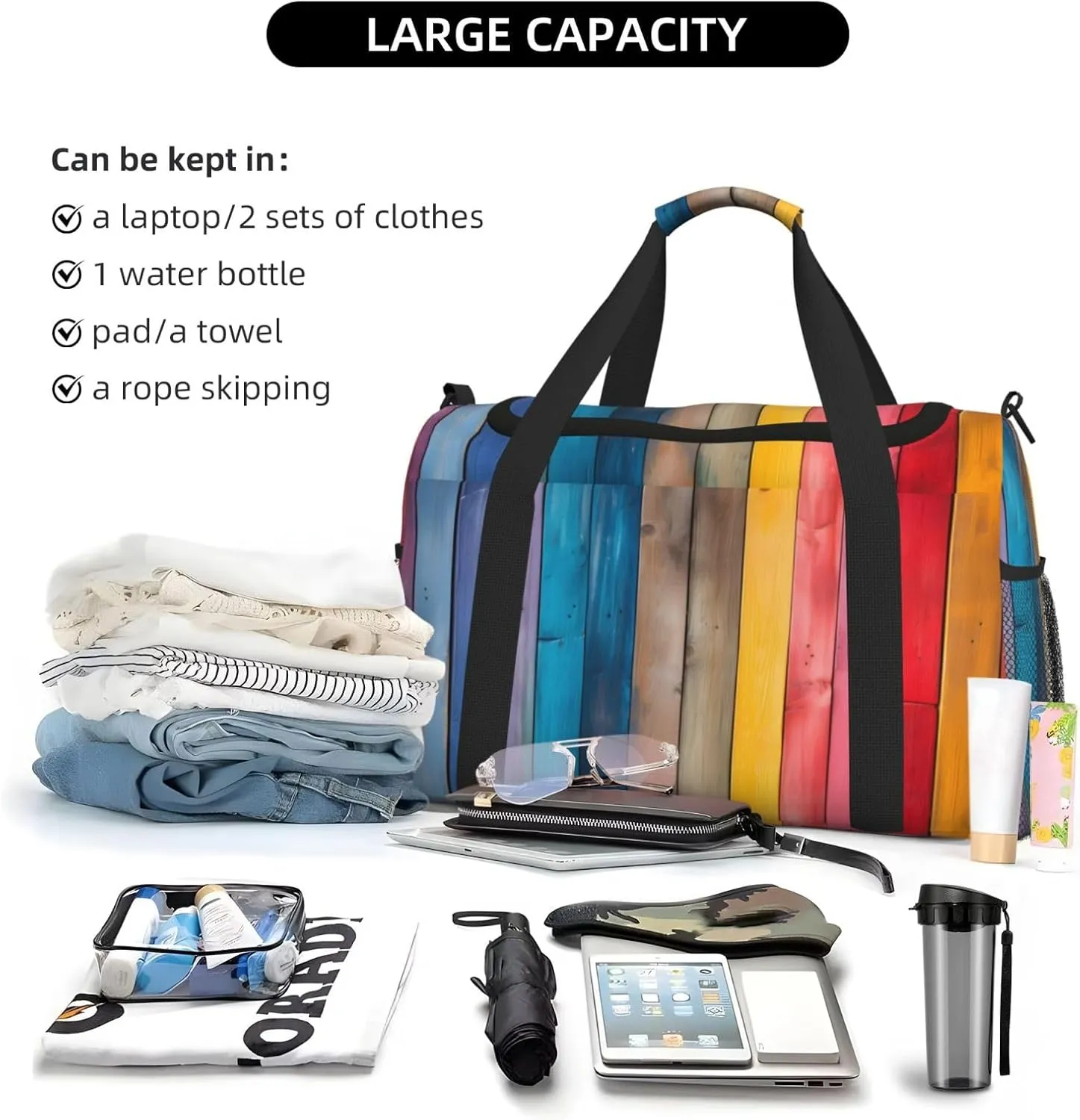 Travel Duffel Bag For Men Women, Colorful Wooden Grain Board Carry On Sport Gym Bag With Shoulder Strap Lightweight Waterproof Weekender Bag Overnight Bag