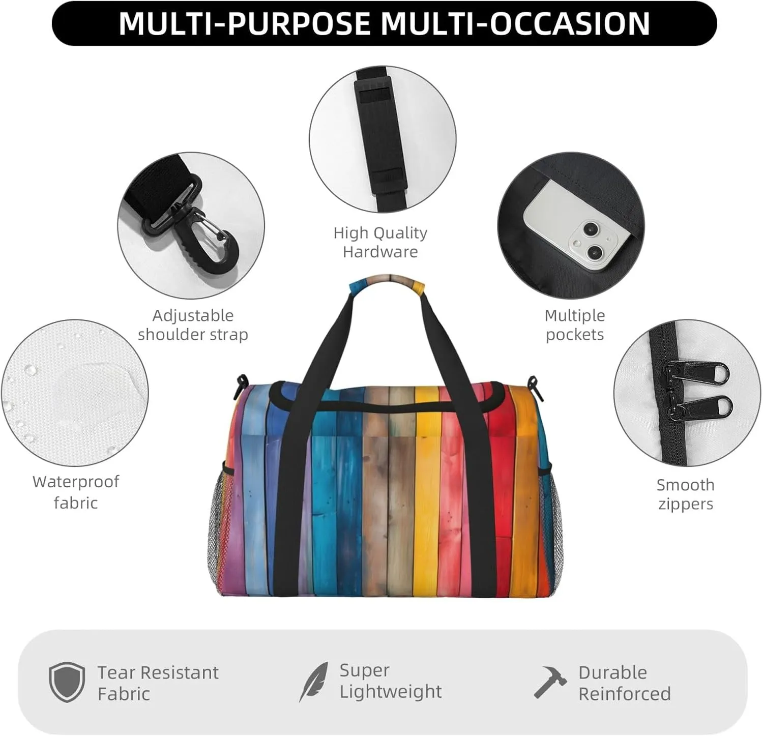 Travel Duffel Bag For Men Women, Colorful Wooden Grain Board Carry On Sport Gym Bag With Shoulder Strap Lightweight Waterproof Weekender Bag Overnight Bag