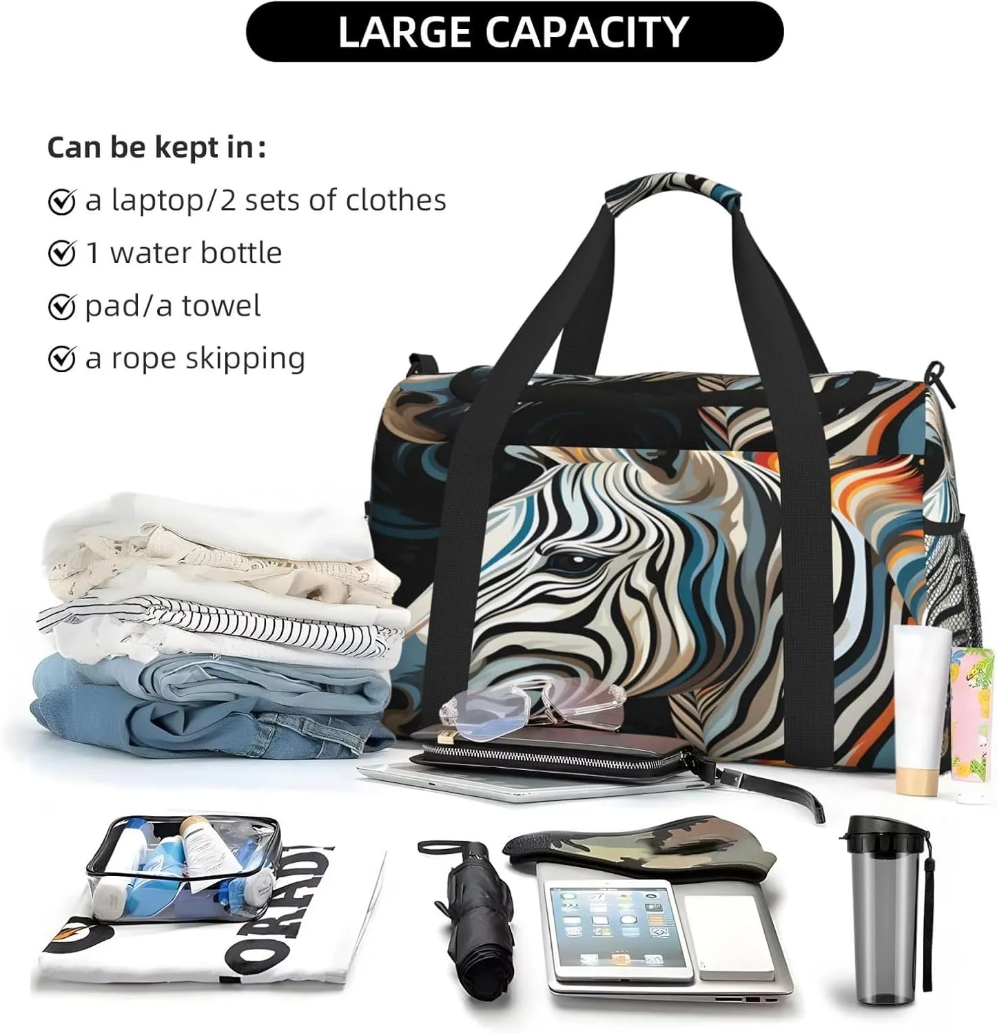 Travel Duffel Bag For Men Women, Cool Animal Zebra Carry On Sport Gym Bag With Shoulder Strap Lightweight Waterproof Weekender Bag Overnight Bag
