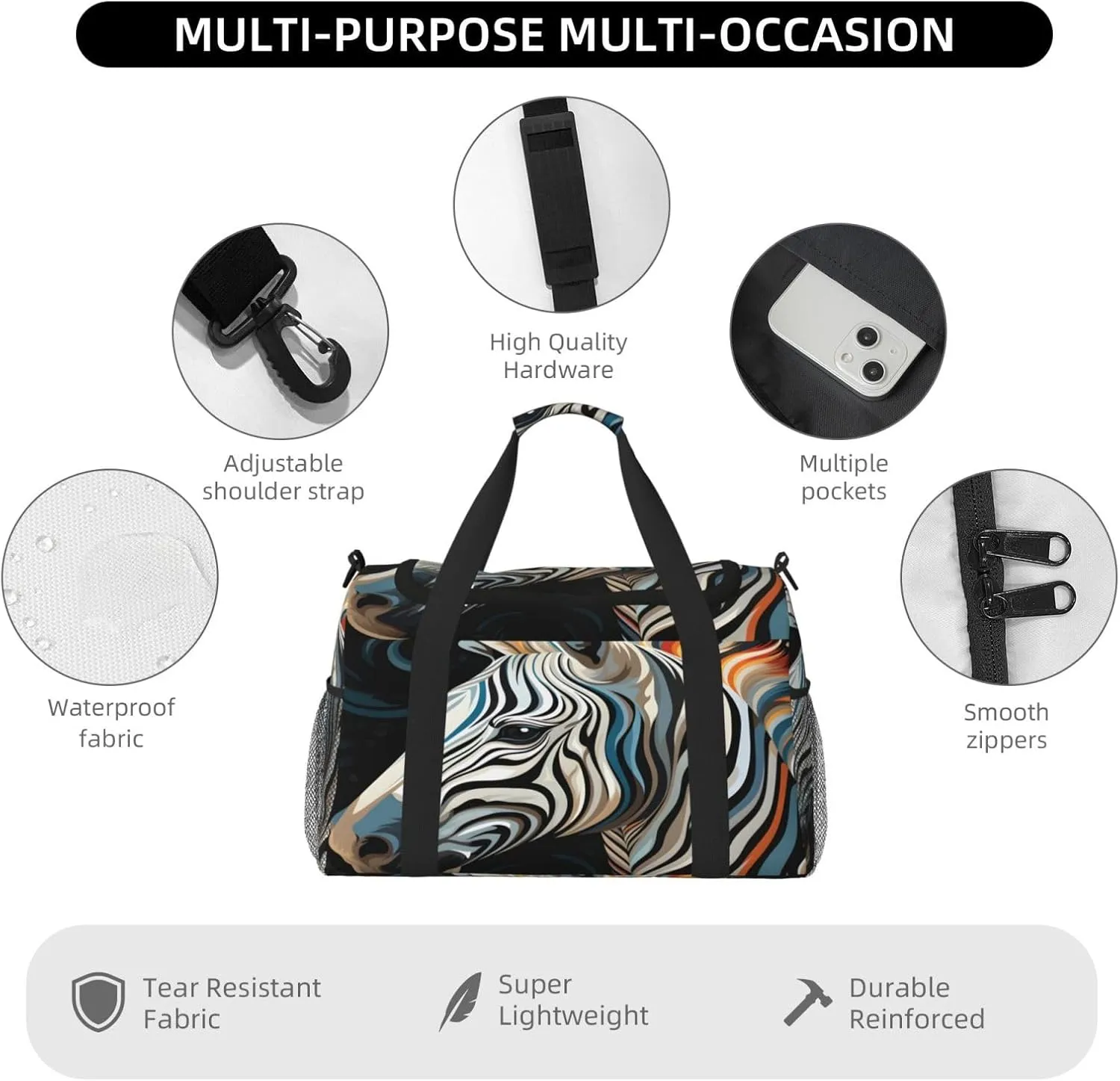 Travel Duffel Bag For Men Women, Cool Animal Zebra Carry On Sport Gym Bag With Shoulder Strap Lightweight Waterproof Weekender Bag Overnight Bag