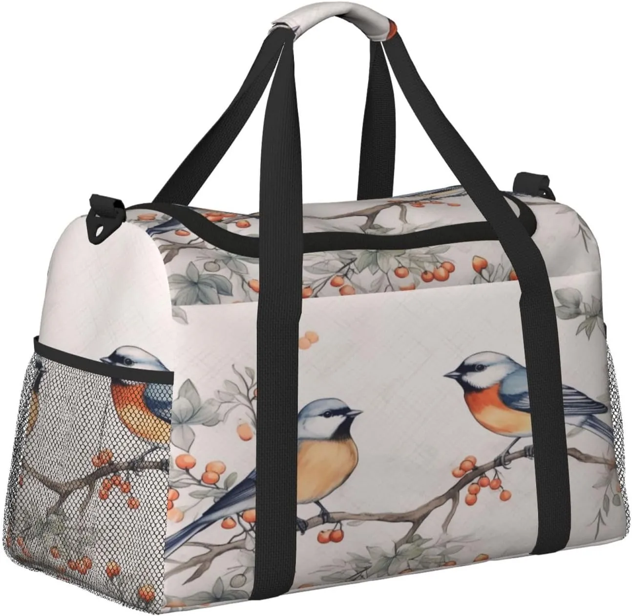 Travel Duffel Bag For Men Women, Cute Retro Birds Winter Berry Painting Carry On Sport Gym Bag With Shoulder Strap Lightweight Waterproof Weekender Bag Overnight Bag