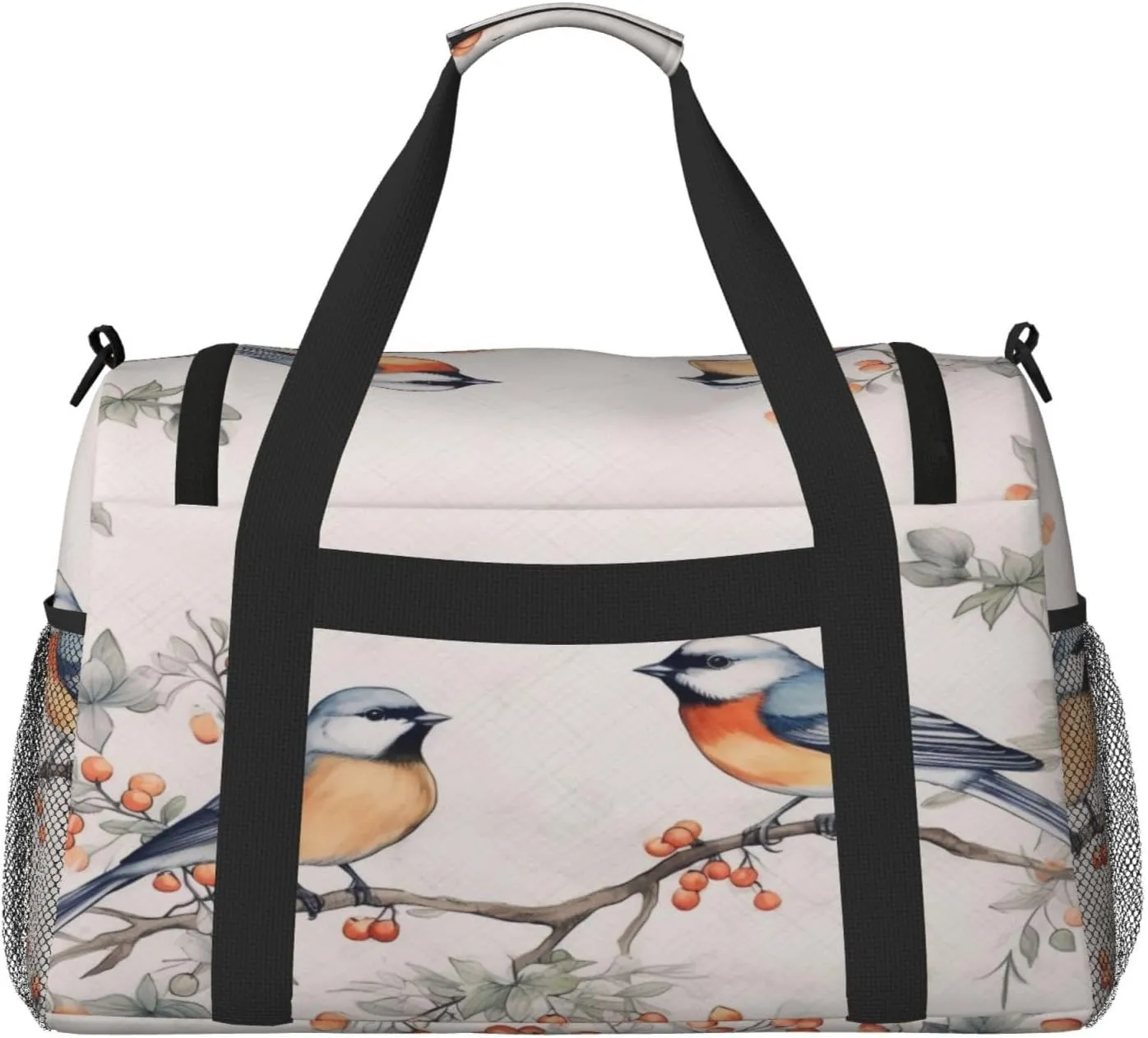 Travel Duffel Bag For Men Women, Cute Retro Birds Winter Berry Painting Carry On Sport Gym Bag With Shoulder Strap Lightweight Waterproof Weekender Bag Overnight Bag
