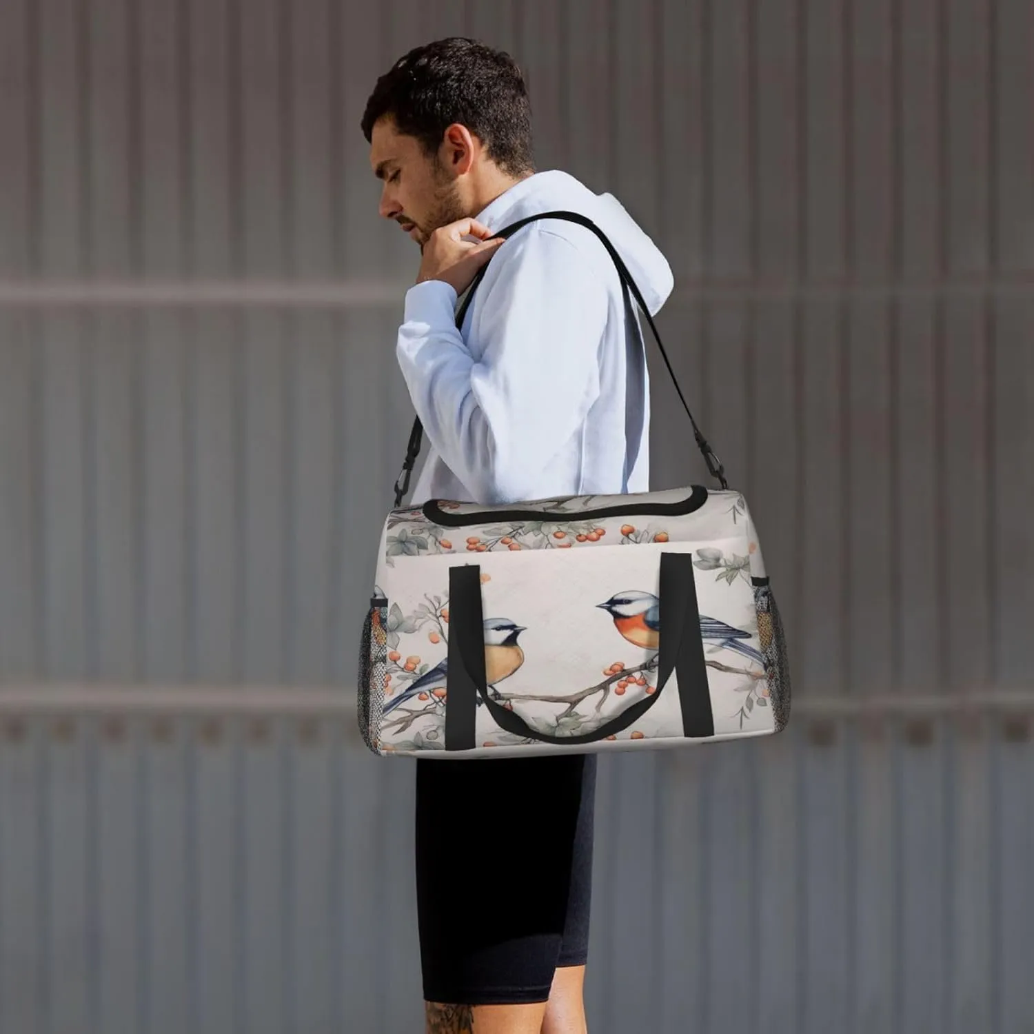 Travel Duffel Bag For Men Women, Cute Retro Birds Winter Berry Painting Carry On Sport Gym Bag With Shoulder Strap Lightweight Waterproof Weekender Bag Overnight Bag