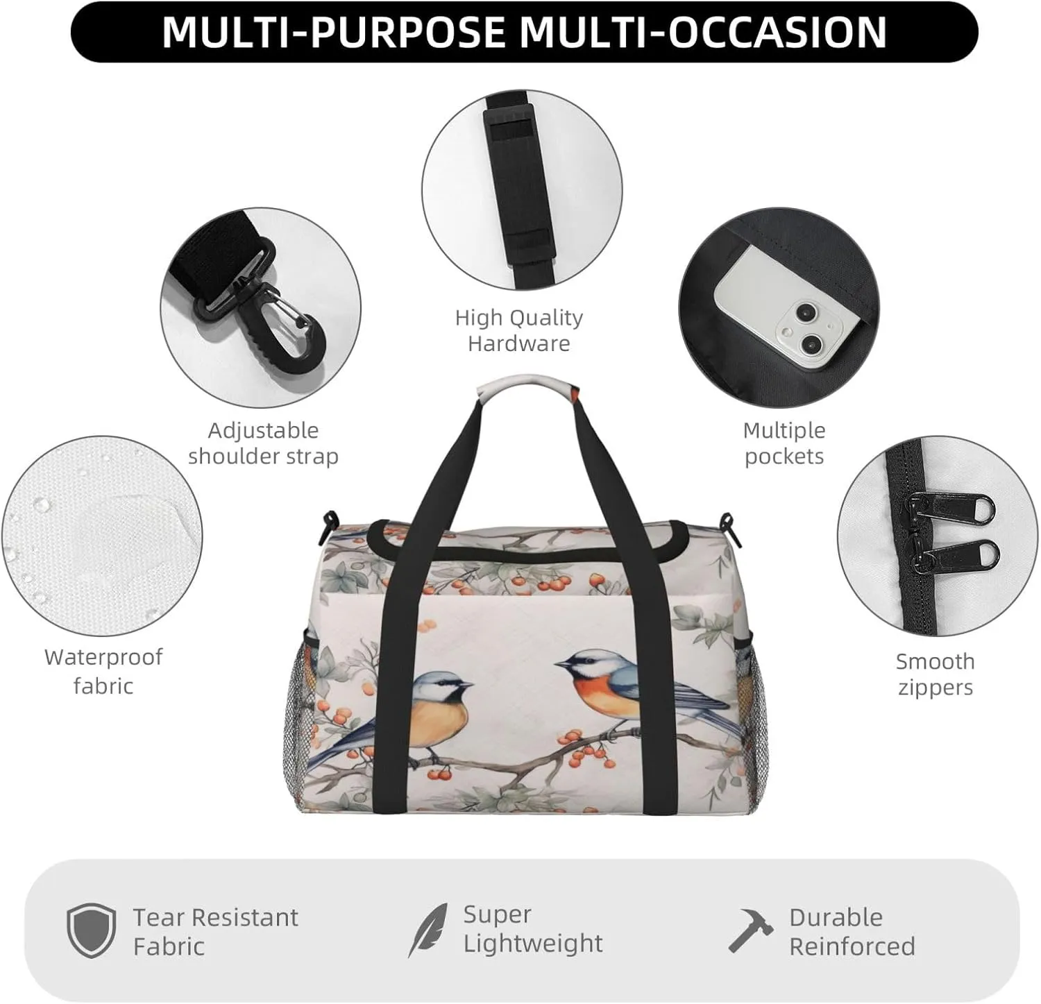 Travel Duffel Bag For Men Women, Cute Retro Birds Winter Berry Painting Carry On Sport Gym Bag With Shoulder Strap Lightweight Waterproof Weekender Bag Overnight Bag