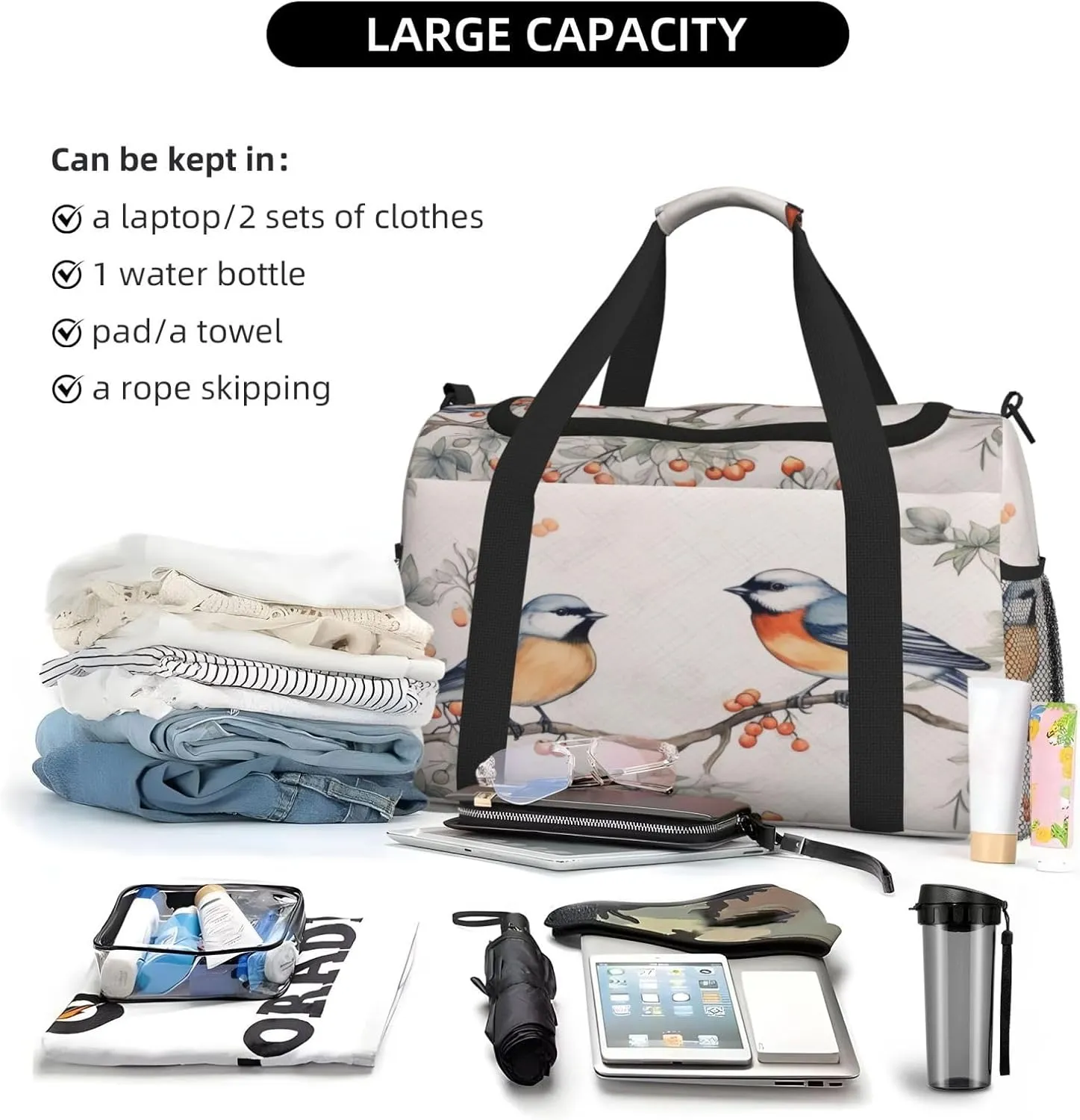 Travel Duffel Bag For Men Women, Cute Retro Birds Winter Berry Painting Carry On Sport Gym Bag With Shoulder Strap Lightweight Waterproof Weekender Bag Overnight Bag