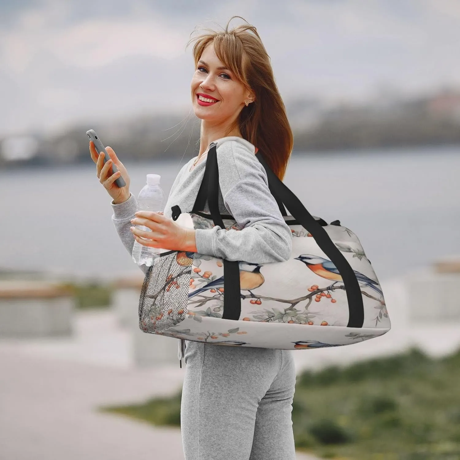 Travel Duffel Bag For Men Women, Cute Retro Birds Winter Berry Painting Carry On Sport Gym Bag With Shoulder Strap Lightweight Waterproof Weekender Bag Overnight Bag