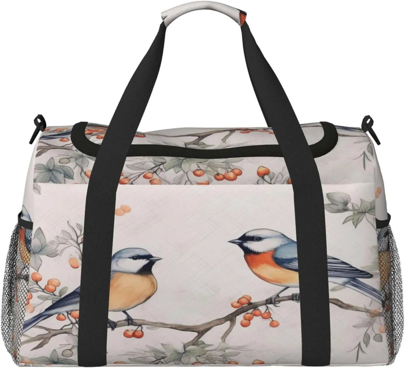 Travel Duffel Bag For Men Women, Cute Retro Birds Winter Berry Painting Carry On Sport Gym Bag With Shoulder Strap Lightweight Waterproof Weekender Bag Overnight Bag