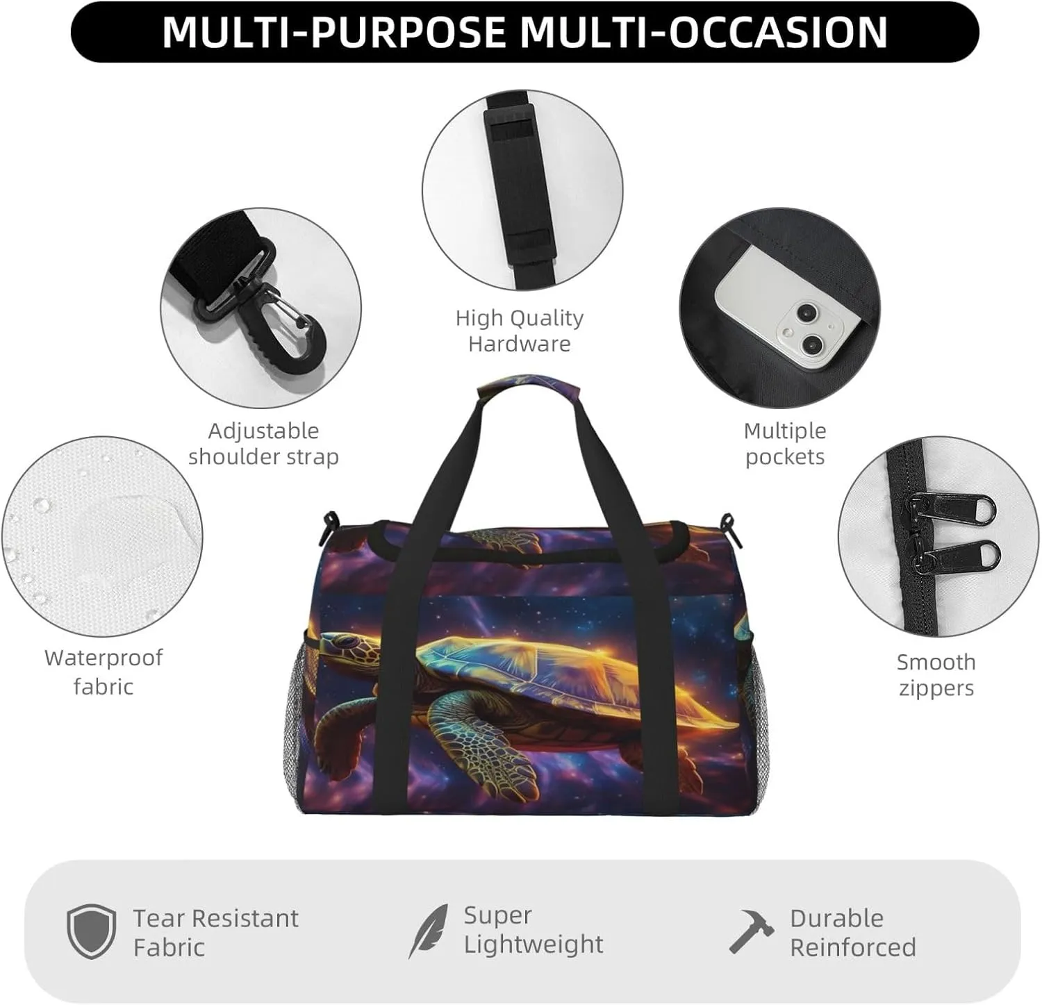 Travel Duffel Bag For Men Women, Fantasy Galaxy Turtle Carry On Sport Gym Bag With Shoulder Strap Lightweight Waterproof Weekender Bag Overnight Bag