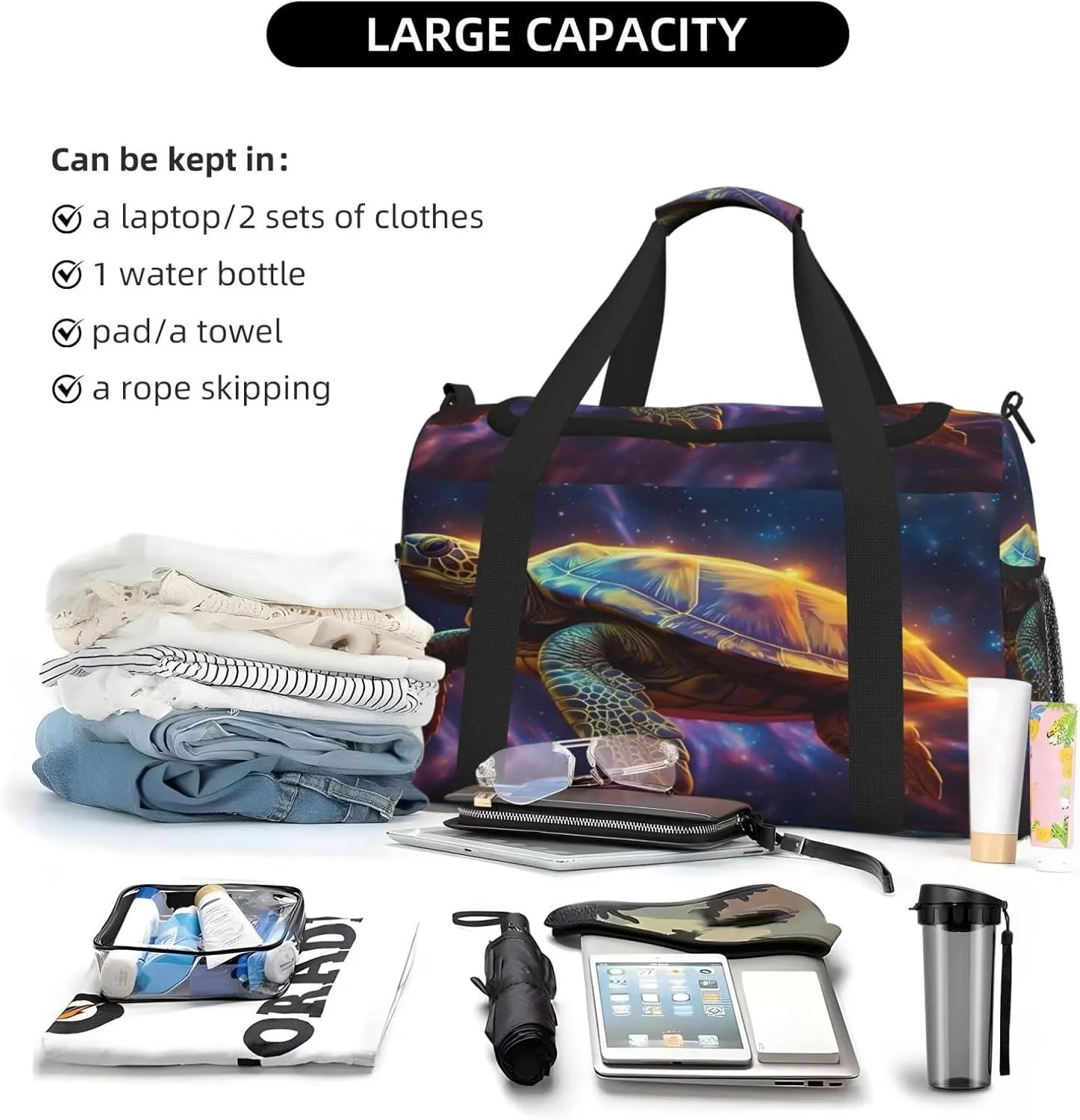 Travel Duffel Bag For Men Women, Fantasy Galaxy Turtle Carry On Sport Gym Bag With Shoulder Strap Lightweight Waterproof Weekender Bag Overnight Bag