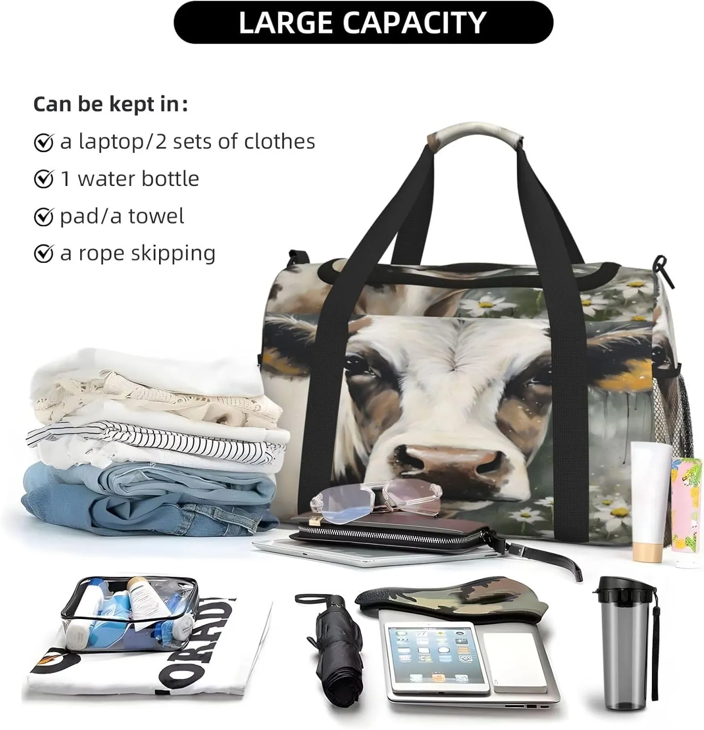 Travel Duffel Bag For Men Women, Farm Cow Flower Carry On Sport Gym Bag With Shoulder Strap Lightweight Waterproof Weekender Bag Overnight Bag