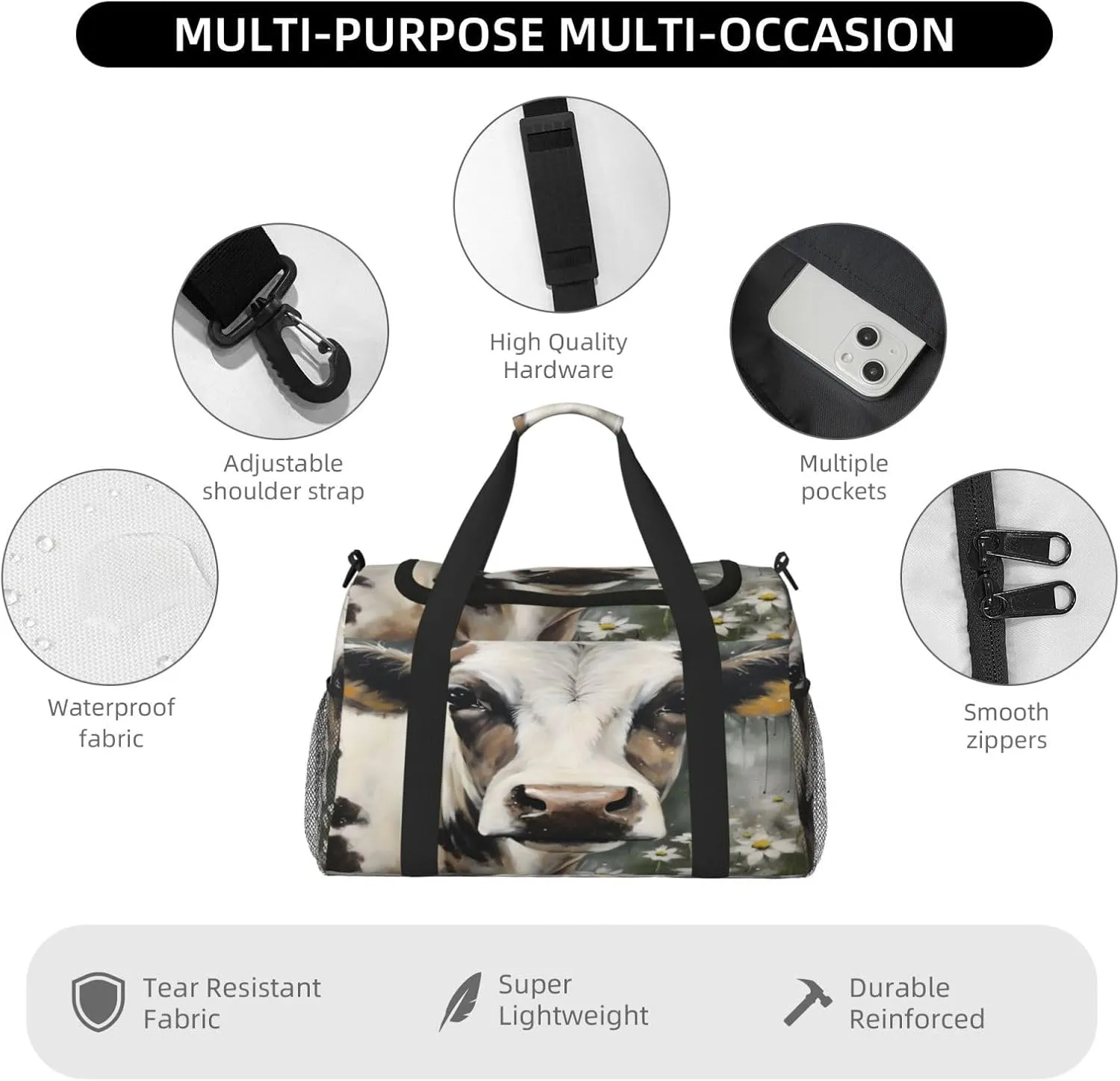 Travel Duffel Bag For Men Women, Farm Cow Flower Carry On Sport Gym Bag With Shoulder Strap Lightweight Waterproof Weekender Bag Overnight Bag