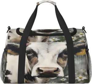 Travel Duffel Bag For Men Women, Farm Cow Flower Carry On Sport Gym Bag With Shoulder Strap Lightweight Waterproof Weekender Bag Overnight Bag