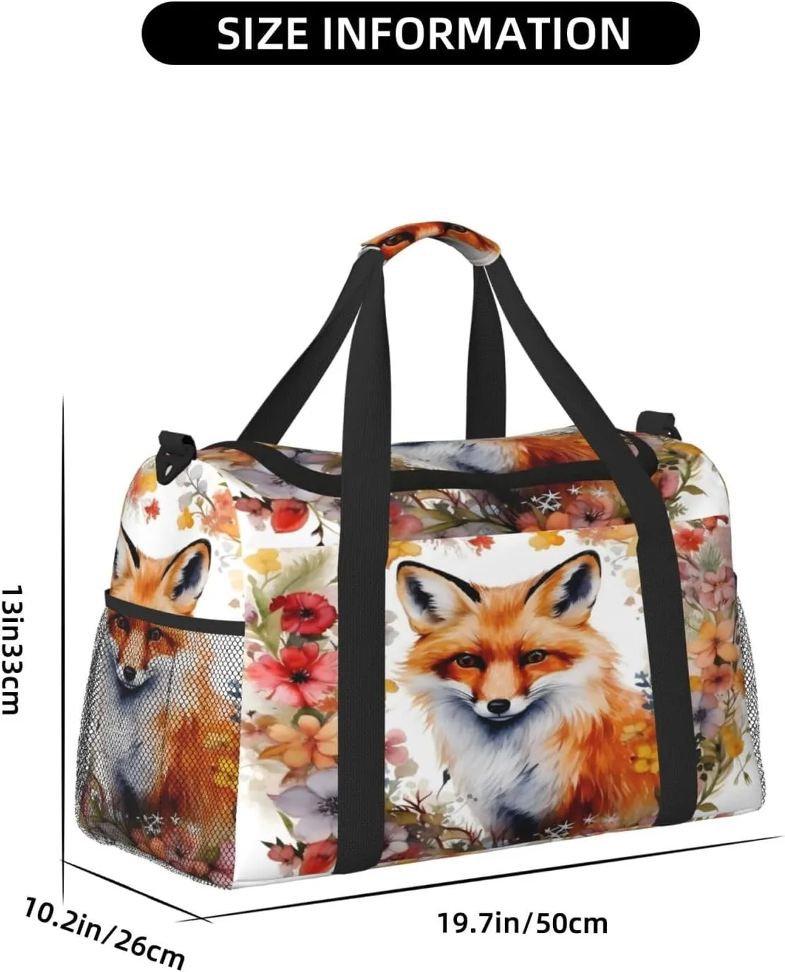 Travel Duffel Bag For Men Women, Garland Flowers Fox Carry On Sport Gym Bag With Shoulder Strap Lightweight Waterproof Weekender Bag Overnight Bag
