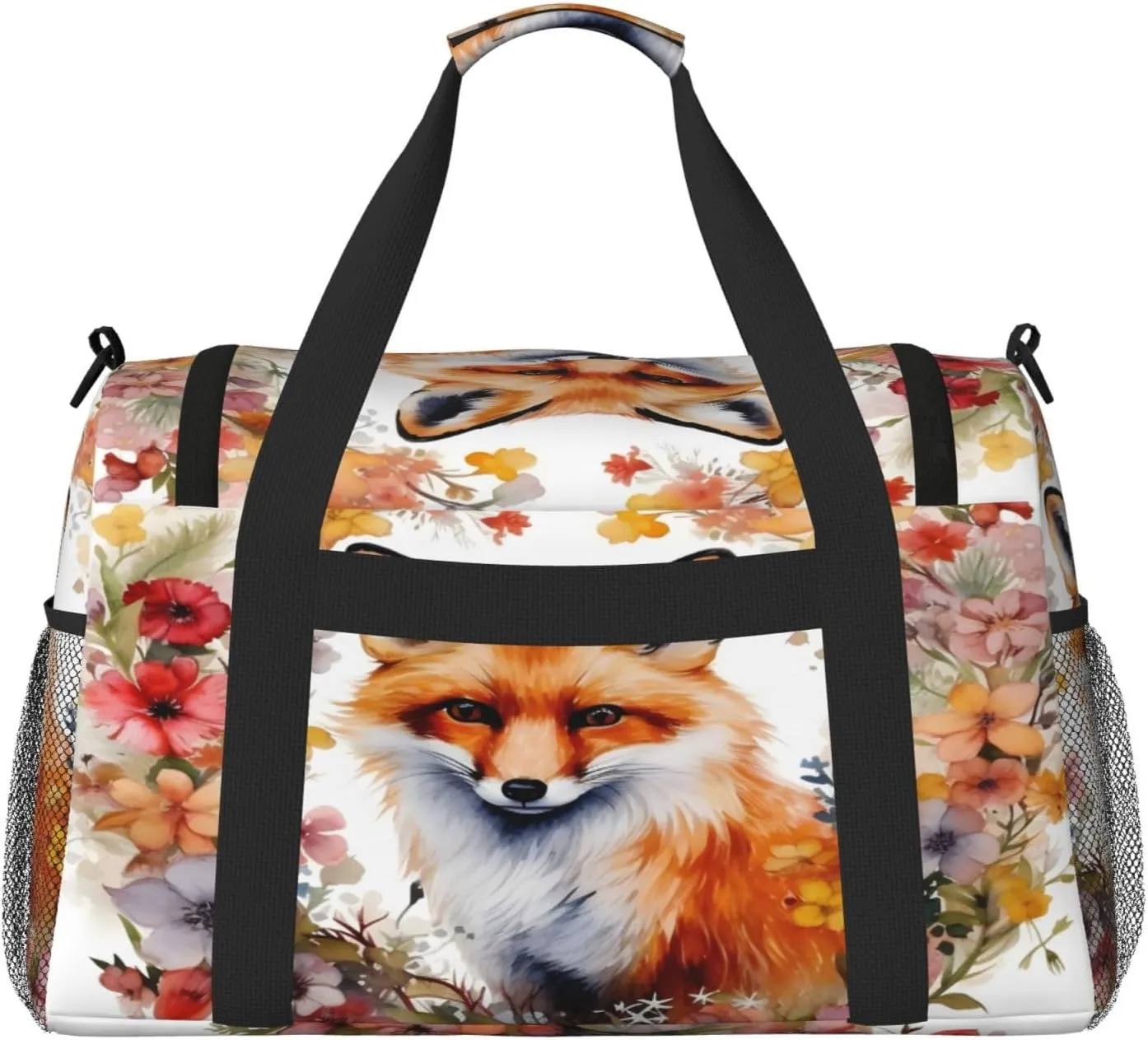 Travel Duffel Bag For Men Women, Garland Flowers Fox Carry On Sport Gym Bag With Shoulder Strap Lightweight Waterproof Weekender Bag Overnight Bag