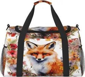 Travel Duffel Bag For Men Women, Garland Flowers Fox Carry On Sport Gym Bag With Shoulder Strap Lightweight Waterproof Weekender Bag Overnight Bag