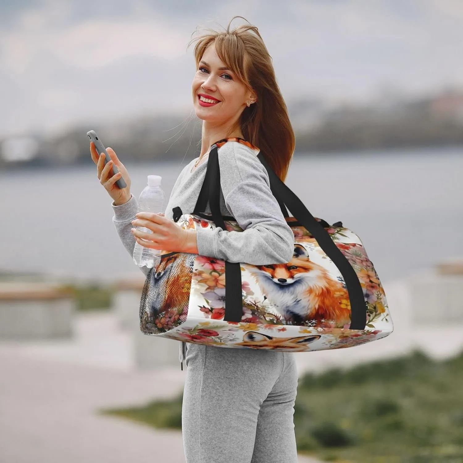 Travel Duffel Bag For Men Women, Garland Flowers Fox Carry On Sport Gym Bag With Shoulder Strap Lightweight Waterproof Weekender Bag Overnight Bag