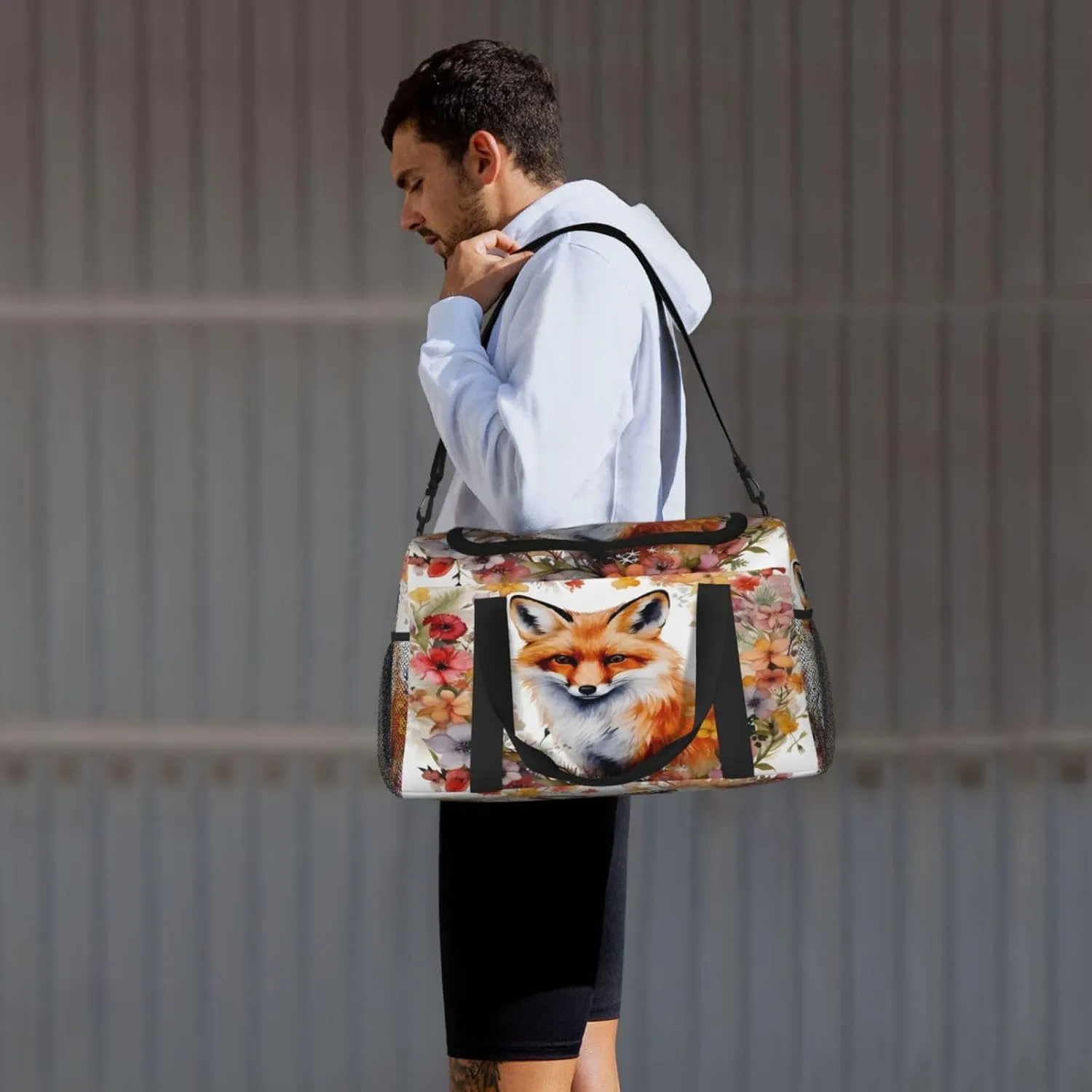 Travel Duffel Bag For Men Women, Garland Flowers Fox Carry On Sport Gym Bag With Shoulder Strap Lightweight Waterproof Weekender Bag Overnight Bag