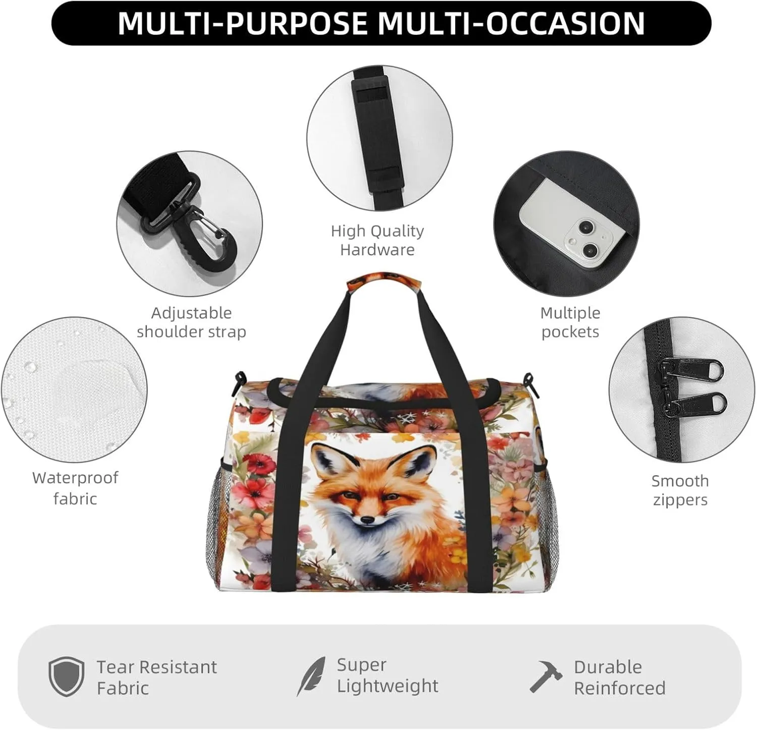 Travel Duffel Bag For Men Women, Garland Flowers Fox Carry On Sport Gym Bag With Shoulder Strap Lightweight Waterproof Weekender Bag Overnight Bag