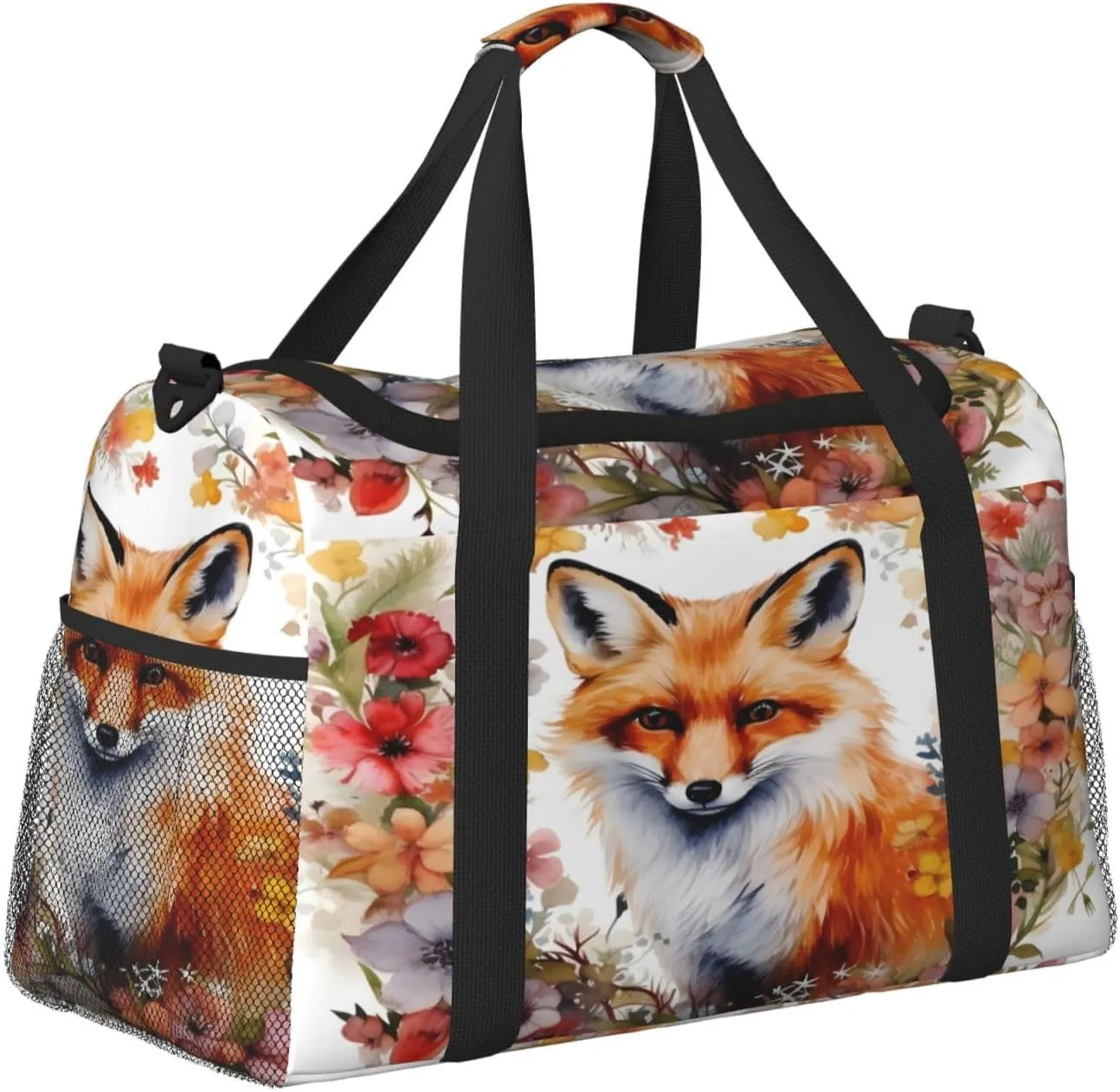 Travel Duffel Bag For Men Women, Garland Flowers Fox Carry On Sport Gym Bag With Shoulder Strap Lightweight Waterproof Weekender Bag Overnight Bag