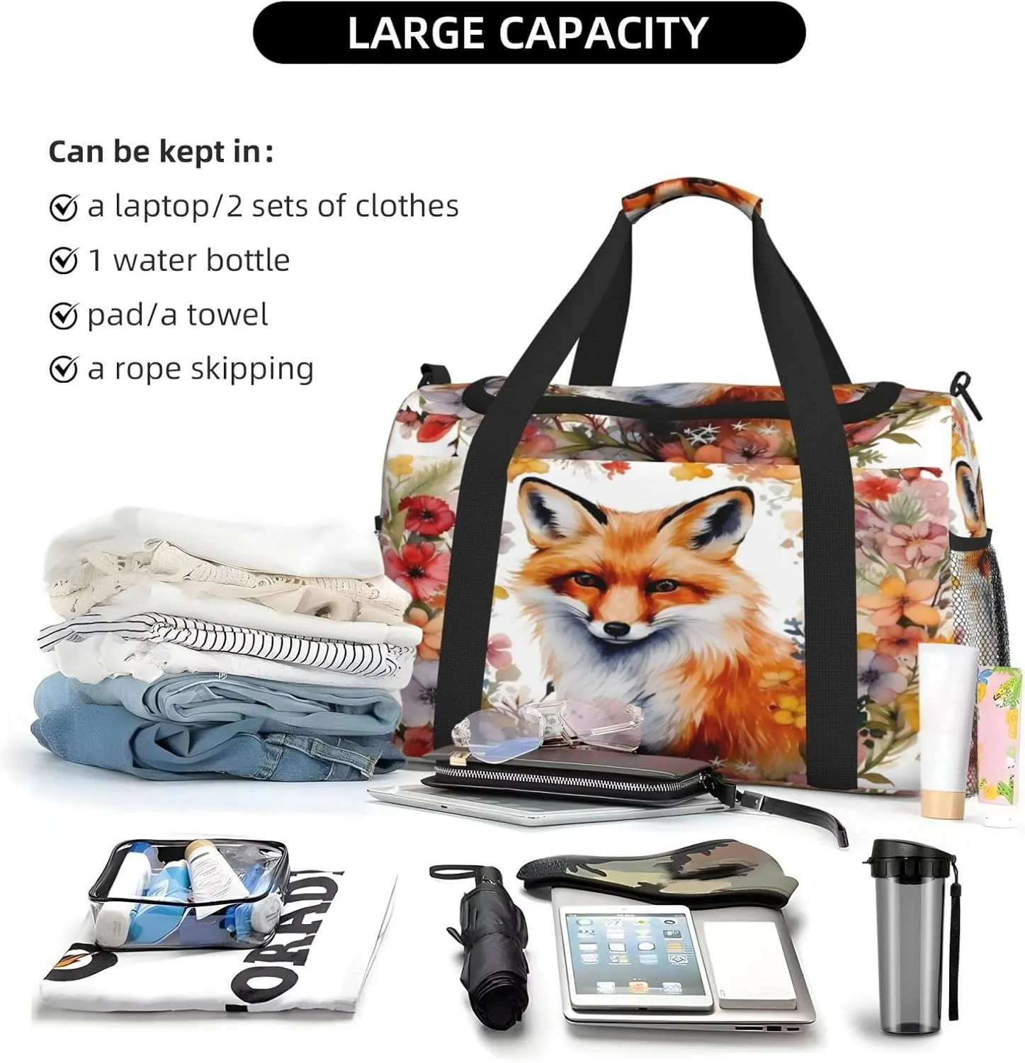 Travel Duffel Bag For Men Women, Garland Flowers Fox Carry On Sport Gym Bag With Shoulder Strap Lightweight Waterproof Weekender Bag Overnight Bag