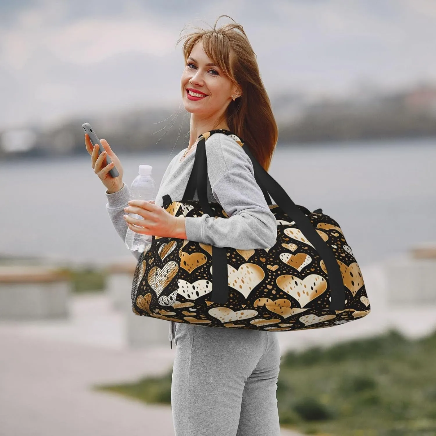 Travel Duffel Bag For Men Women, Golden Love Leopard Pattern Carry On Sport Gym Bag With Shoulder Strap Lightweight Waterproof Weekender Bag Overnight Bag