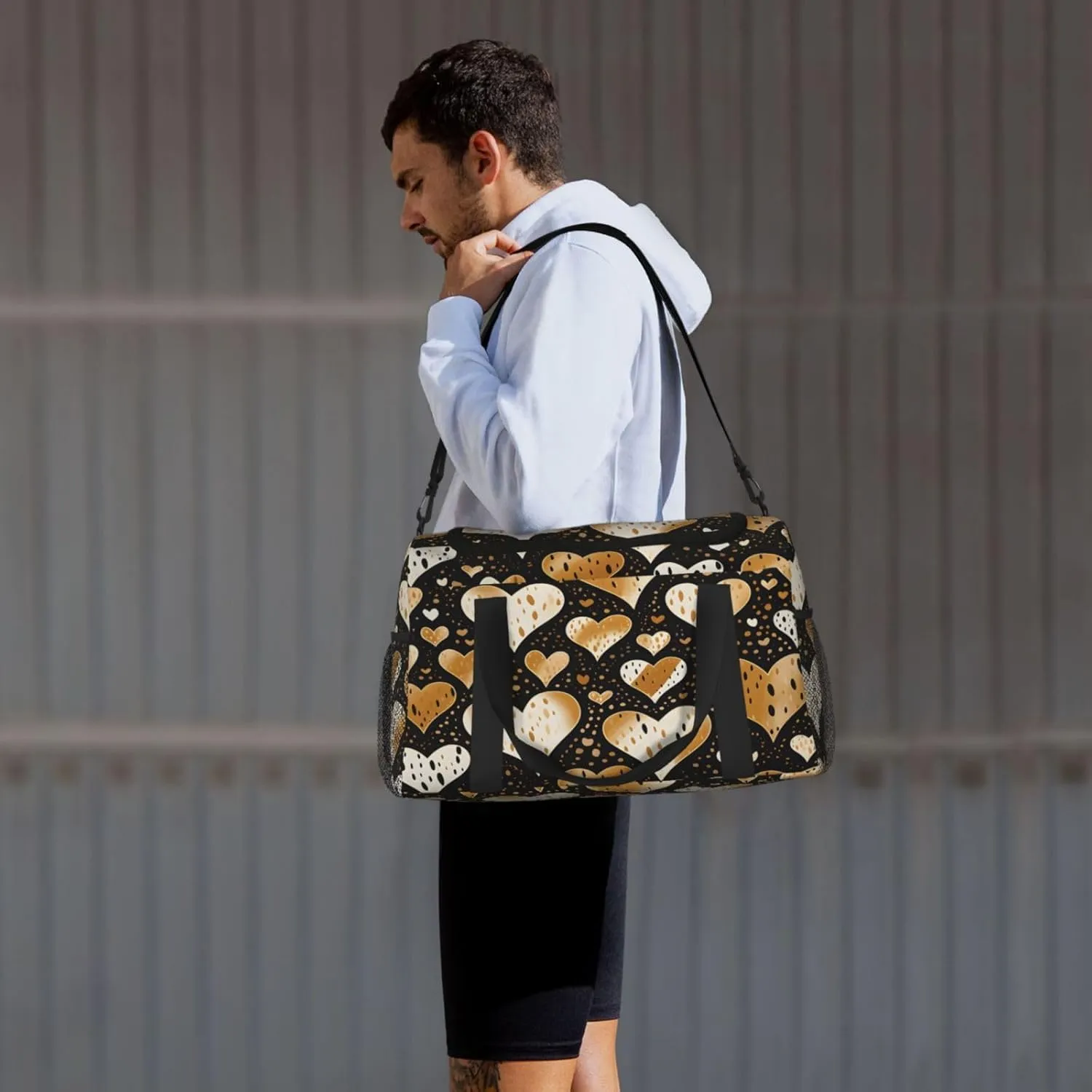 Travel Duffel Bag For Men Women, Golden Love Leopard Pattern Carry On Sport Gym Bag With Shoulder Strap Lightweight Waterproof Weekender Bag Overnight Bag