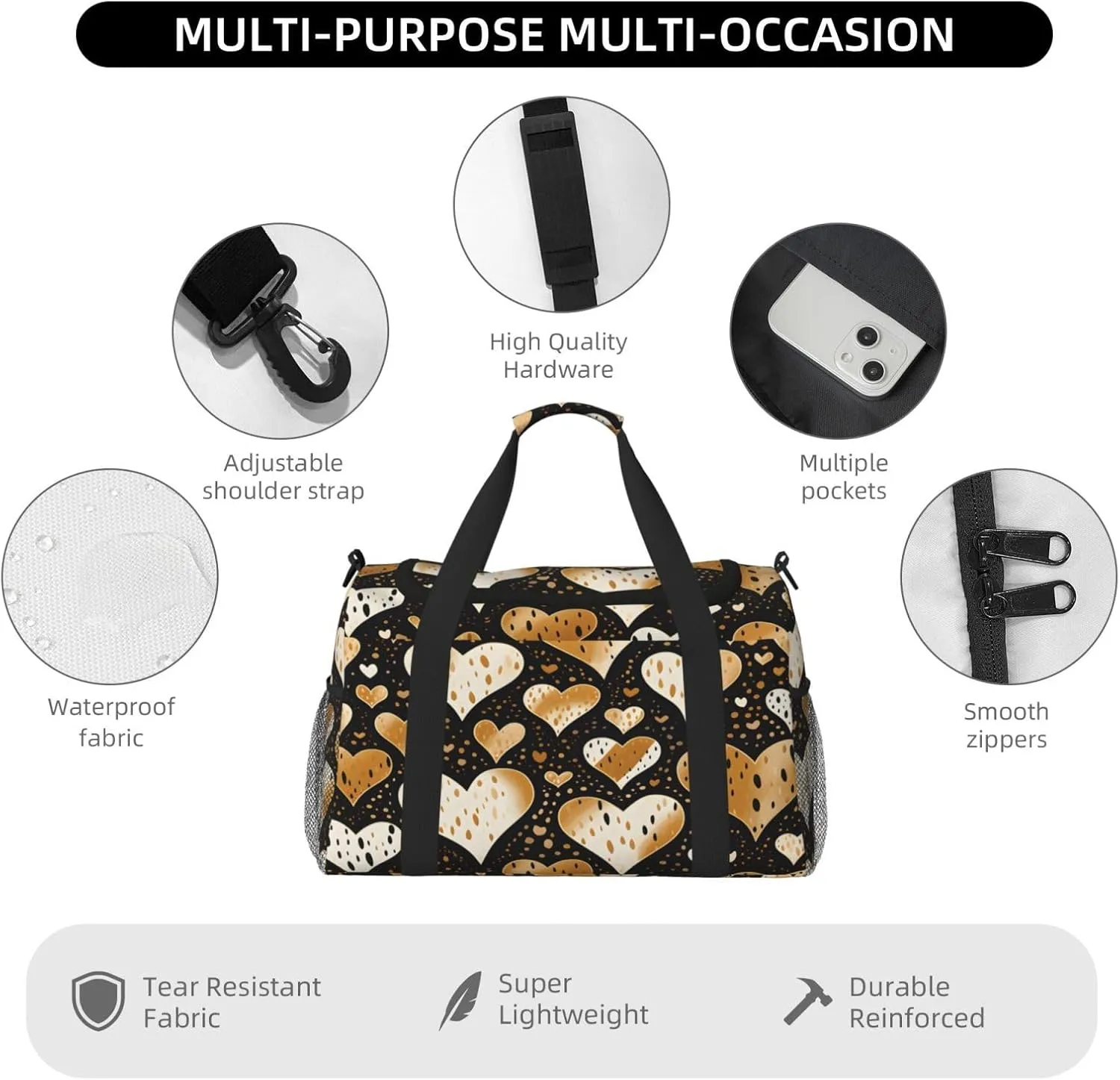 Travel Duffel Bag For Men Women, Golden Love Leopard Pattern Carry On Sport Gym Bag With Shoulder Strap Lightweight Waterproof Weekender Bag Overnight Bag