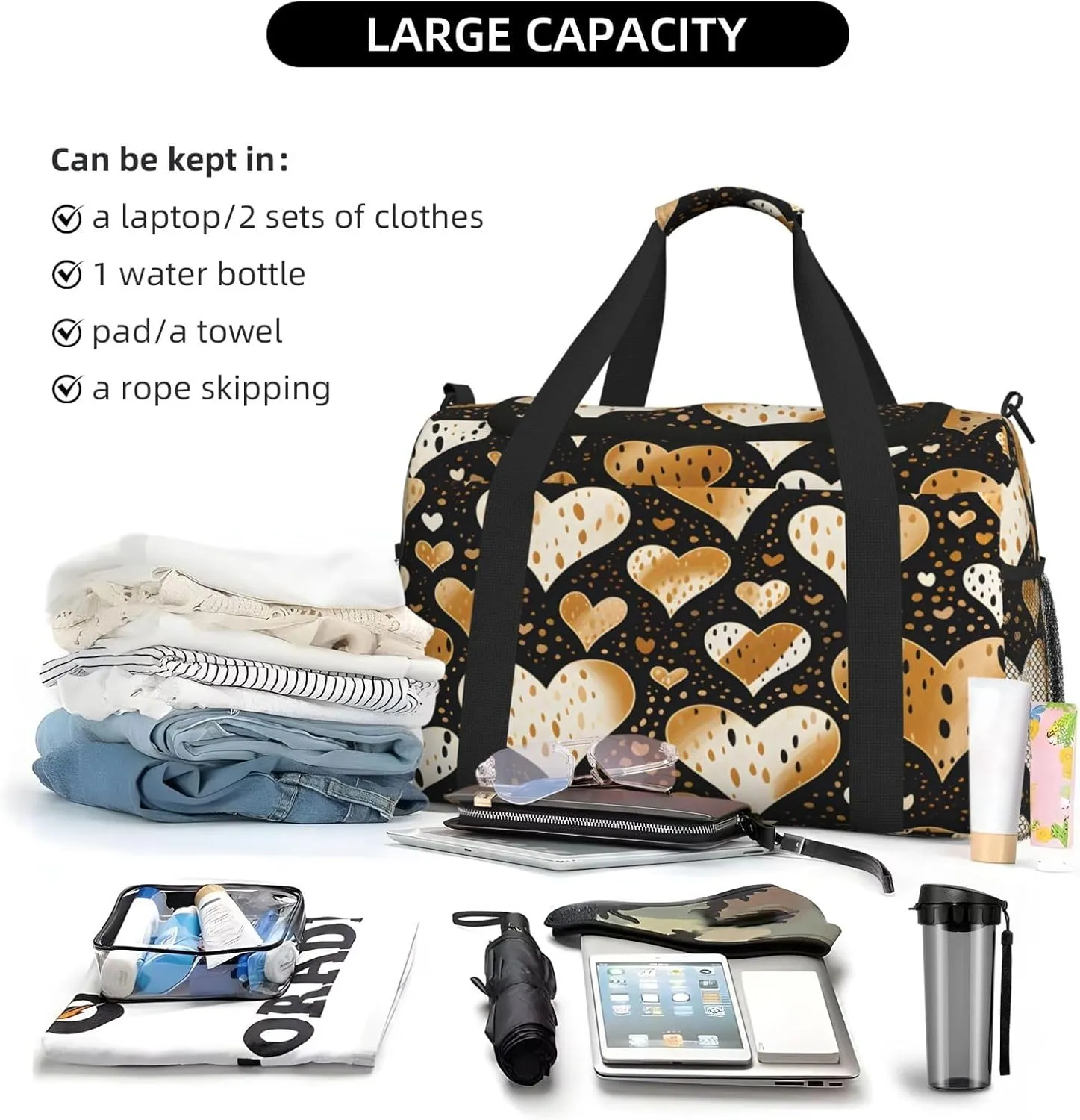 Travel Duffel Bag For Men Women, Golden Love Leopard Pattern Carry On Sport Gym Bag With Shoulder Strap Lightweight Waterproof Weekender Bag Overnight Bag
