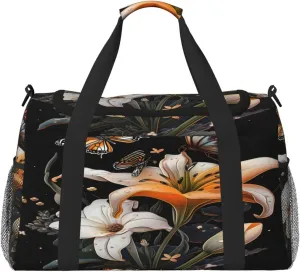Travel Duffel Bag For Men Women, Lily Flowers Butterfly Carry On Sport Gym Bag With Shoulder Strap Lightweight Waterproof Weekender Bag Overnight Bag