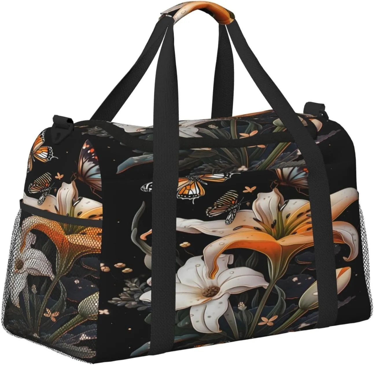 Travel Duffel Bag For Men Women, Lily Flowers Butterfly Carry On Sport Gym Bag With Shoulder Strap Lightweight Waterproof Weekender Bag Overnight Bag