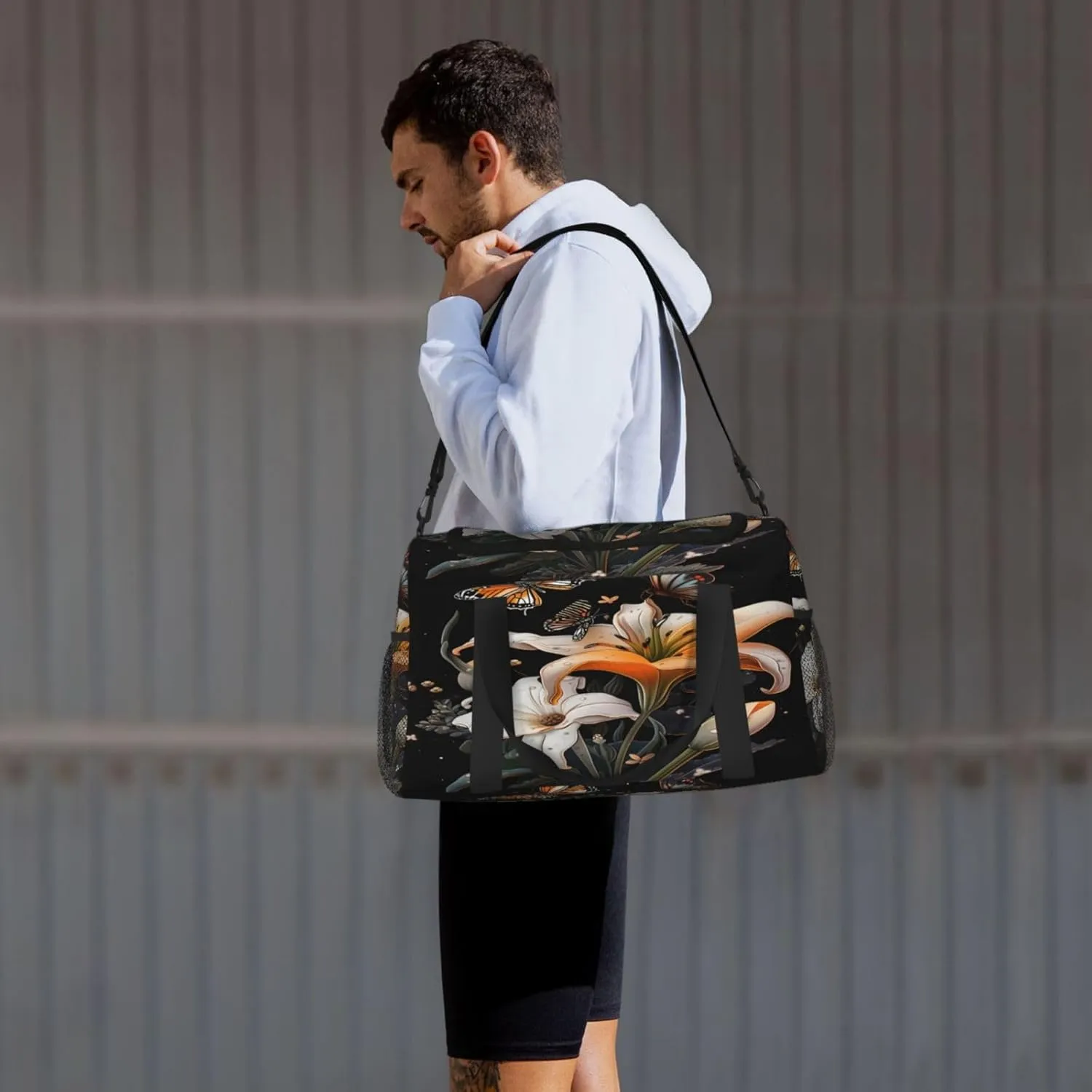 Travel Duffel Bag For Men Women, Lily Flowers Butterfly Carry On Sport Gym Bag With Shoulder Strap Lightweight Waterproof Weekender Bag Overnight Bag