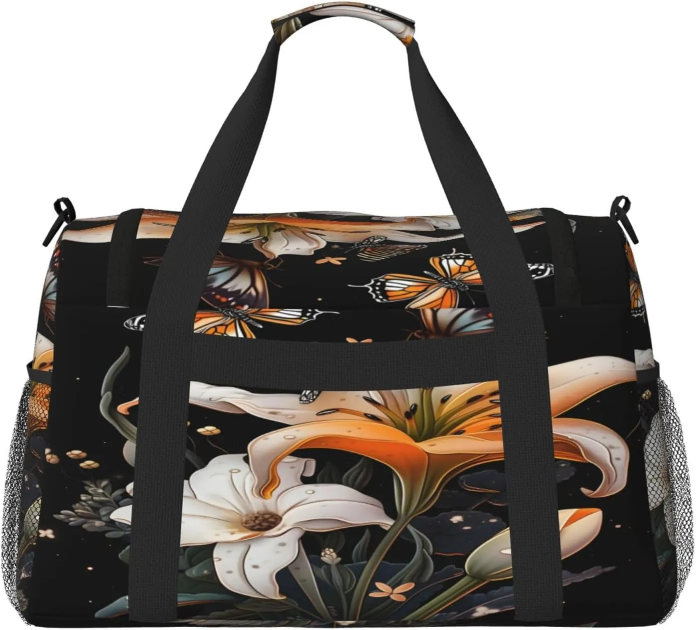 Travel Duffel Bag For Men Women, Lily Flowers Butterfly Carry On Sport Gym Bag With Shoulder Strap Lightweight Waterproof Weekender Bag Overnight Bag