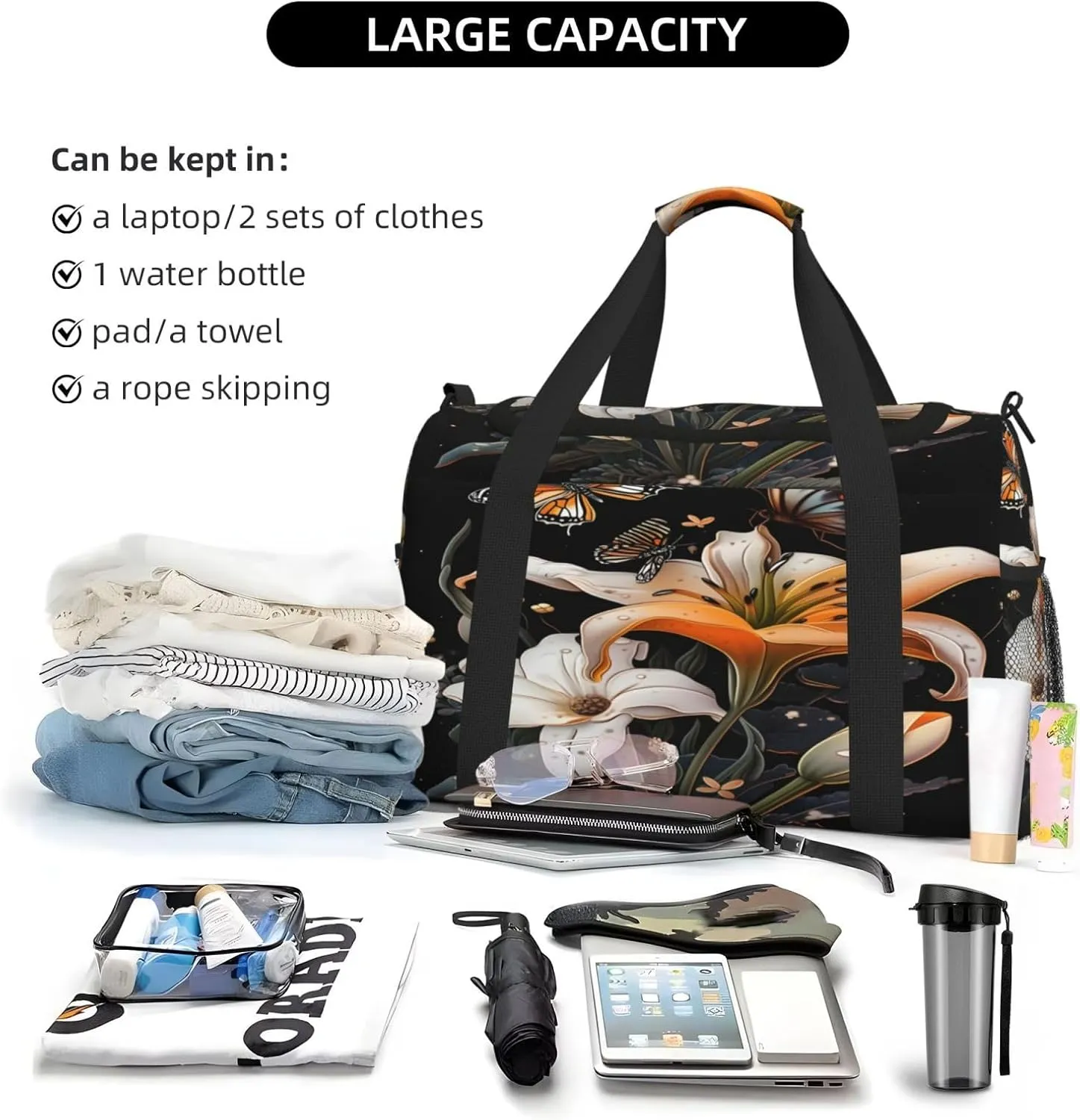 Travel Duffel Bag For Men Women, Lily Flowers Butterfly Carry On Sport Gym Bag With Shoulder Strap Lightweight Waterproof Weekender Bag Overnight Bag