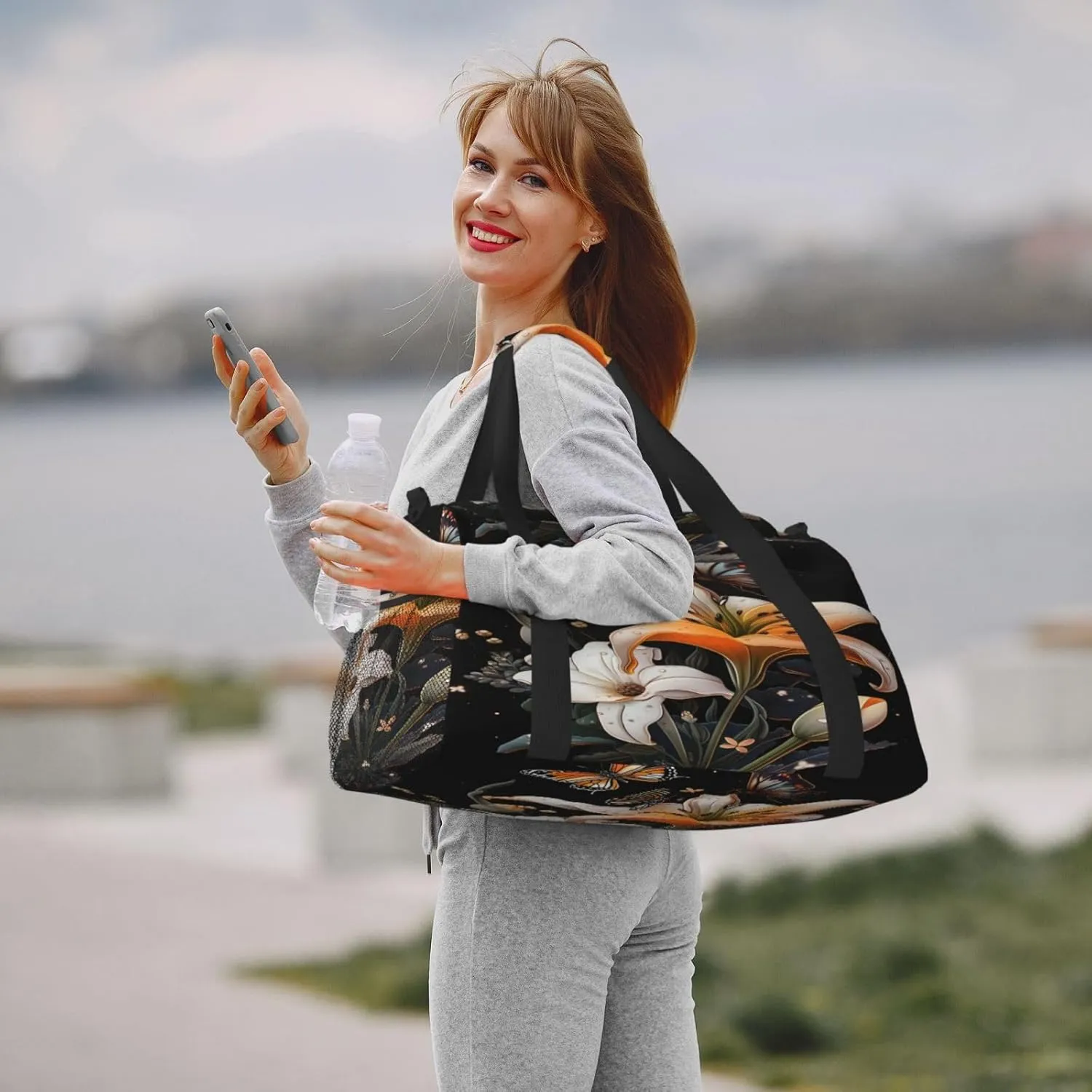 Travel Duffel Bag For Men Women, Lily Flowers Butterfly Carry On Sport Gym Bag With Shoulder Strap Lightweight Waterproof Weekender Bag Overnight Bag