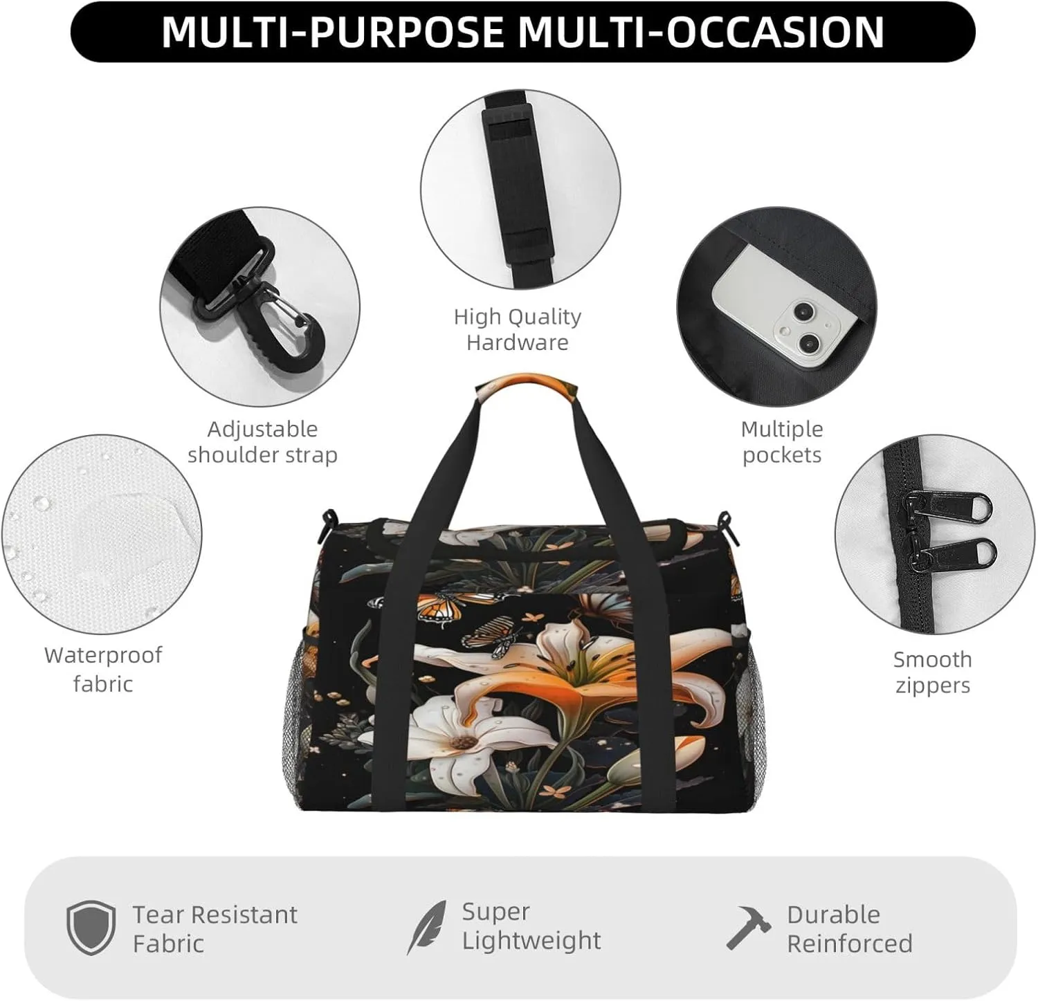 Travel Duffel Bag For Men Women, Lily Flowers Butterfly Carry On Sport Gym Bag With Shoulder Strap Lightweight Waterproof Weekender Bag Overnight Bag