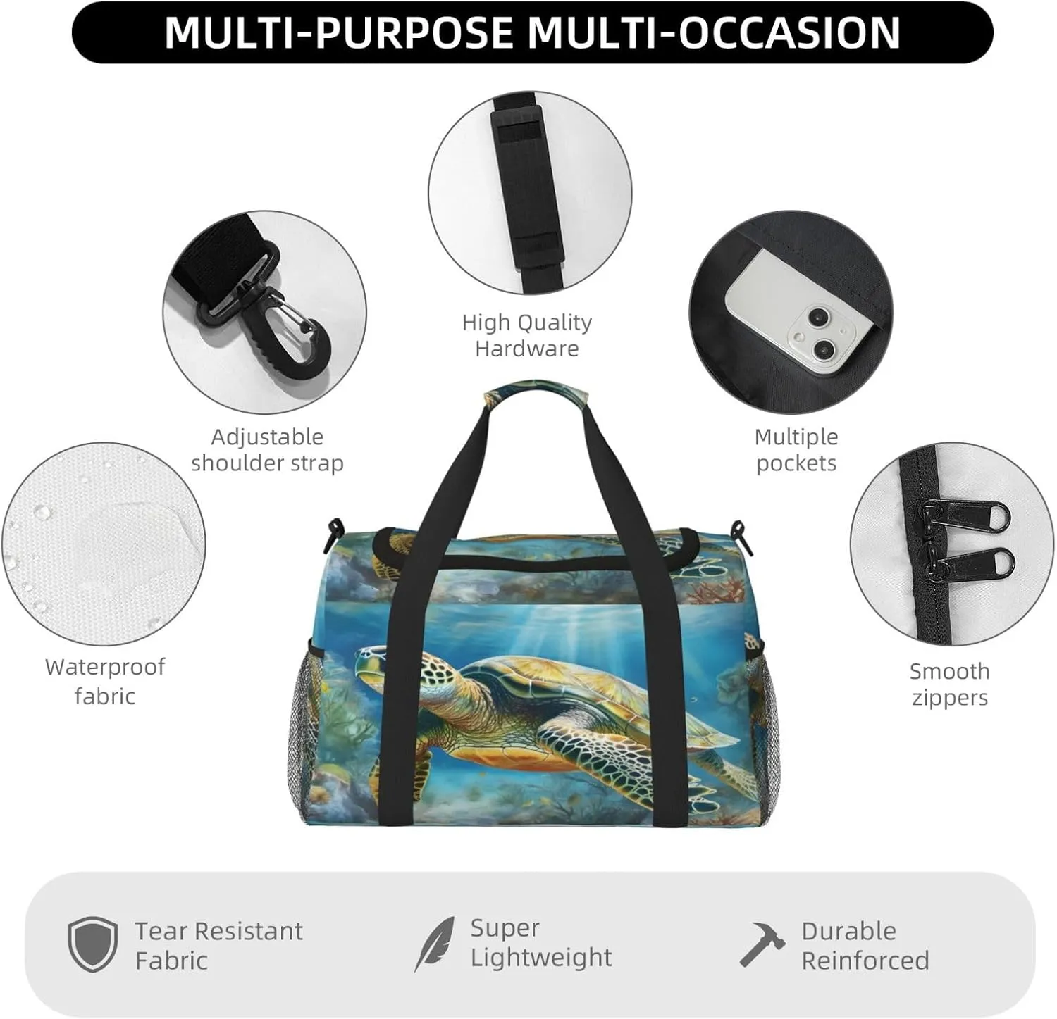 Travel Duffel Bag For Men Women, Sea Tortoise Turtle Carry On Sport Gym Bag With Shoulder Strap Lightweight Waterproof Weekender Bag Overnight Bag