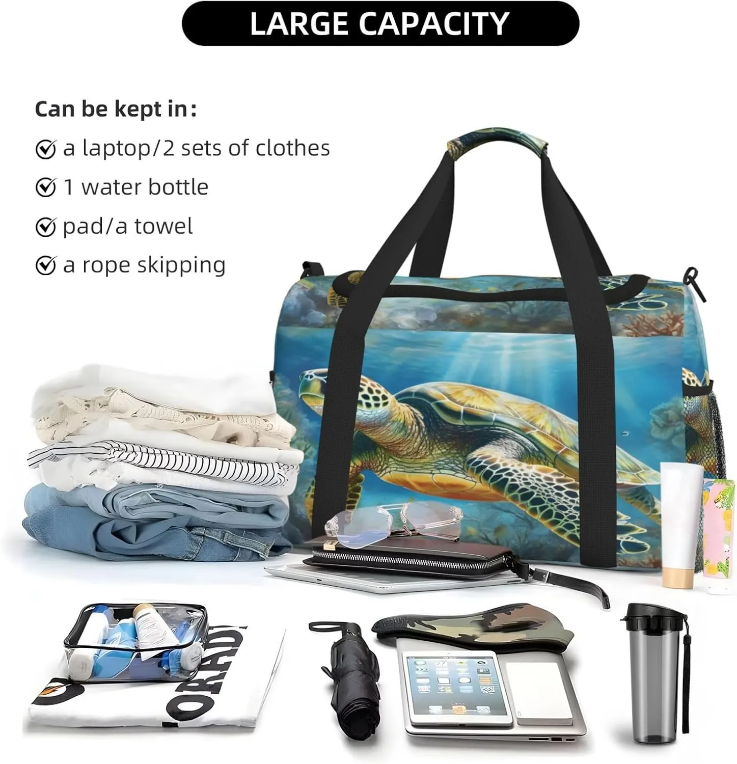 Travel Duffel Bag For Men Women, Sea Tortoise Turtle Carry On Sport Gym Bag With Shoulder Strap Lightweight Waterproof Weekender Bag Overnight Bag