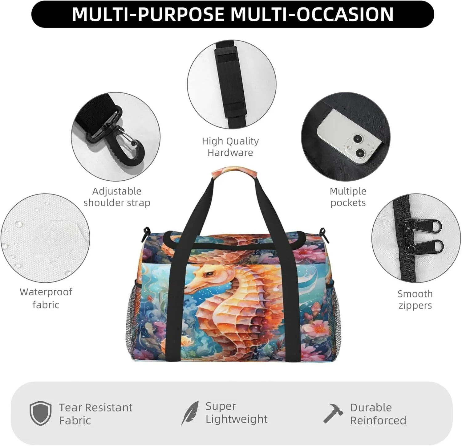 Travel Duffel Bag For Men Women, Seahorse Animal Sea Floral Carry On Sport Gym Bag With Shoulder Strap Lightweight Waterproof Weekender Bag Overnight Bag