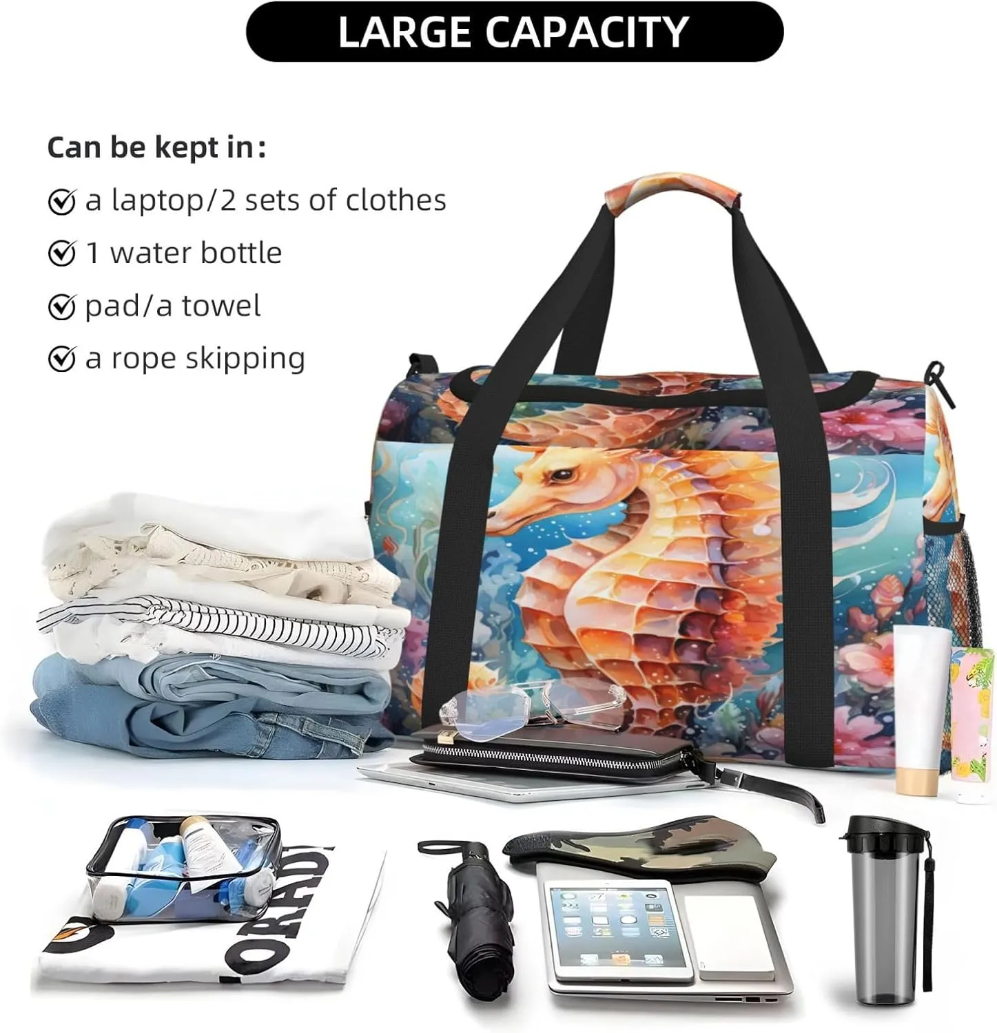 Travel Duffel Bag For Men Women, Seahorse Animal Sea Floral Carry On Sport Gym Bag With Shoulder Strap Lightweight Waterproof Weekender Bag Overnight Bag